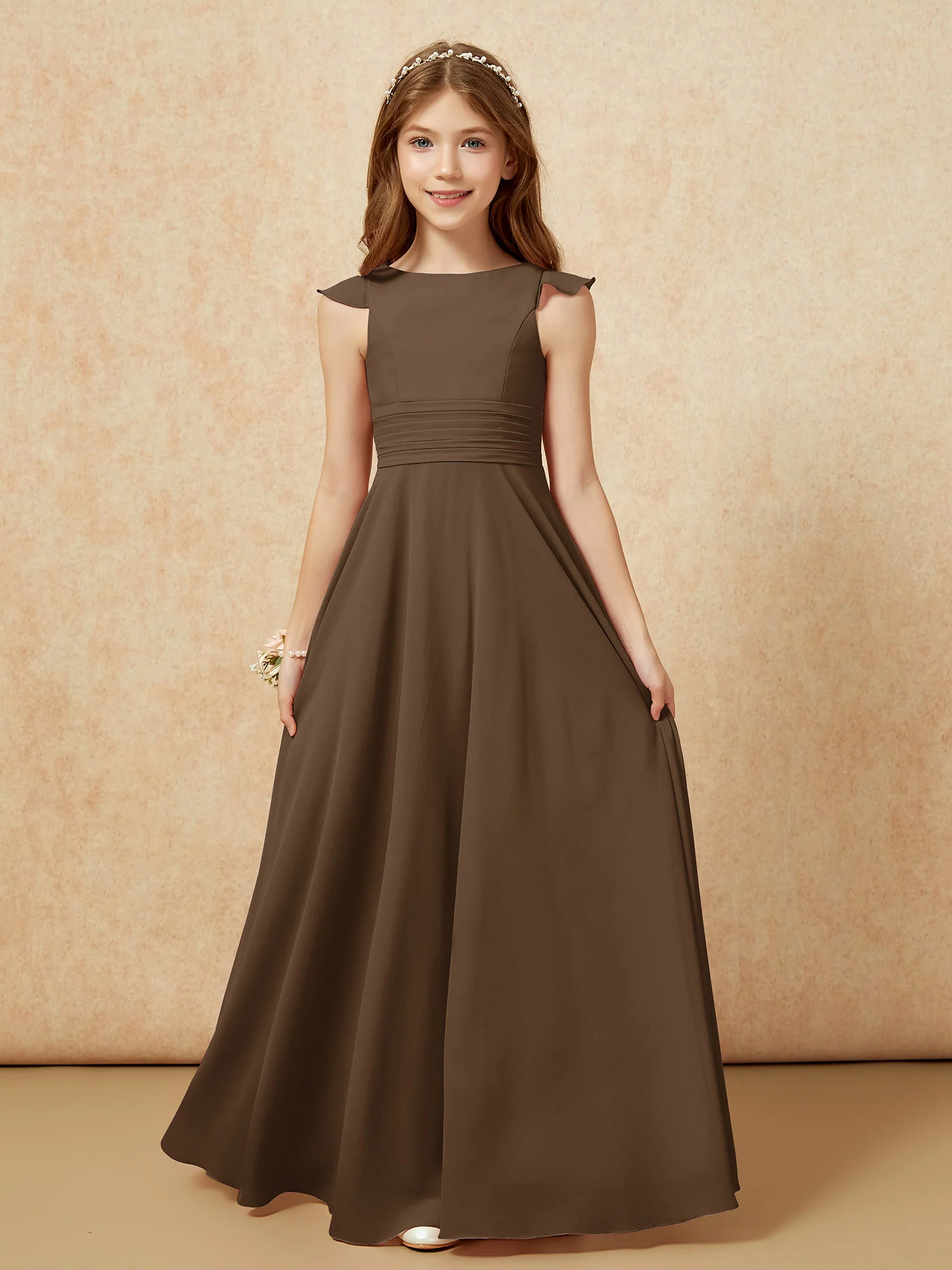 Jewel Neck Flutter Sleeves Chiffon Junior Bridesmaid Dresses Brown