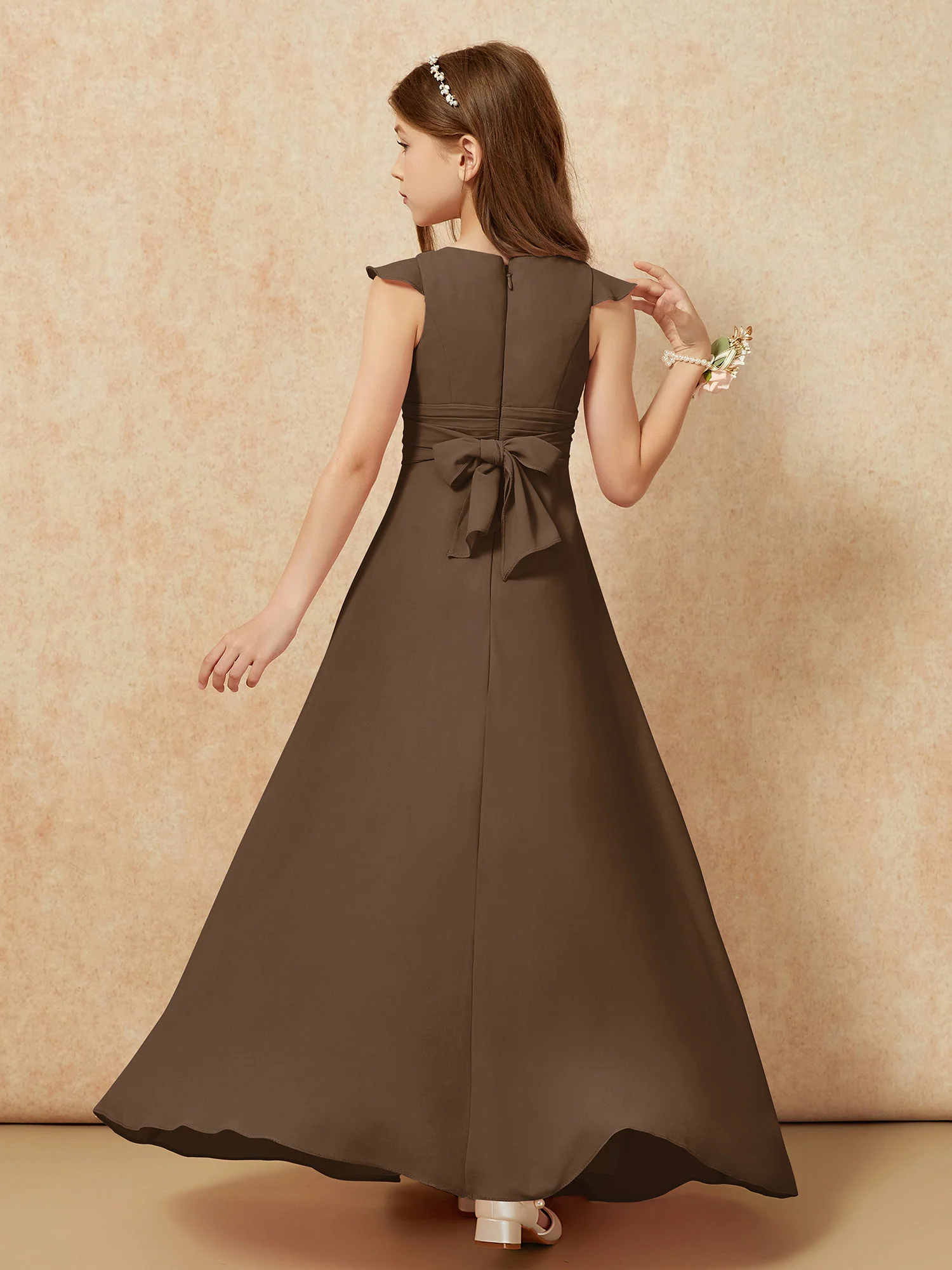 Jewel Neck Flutter Sleeves Chiffon Junior Bridesmaid Dresses Brown - Image 2