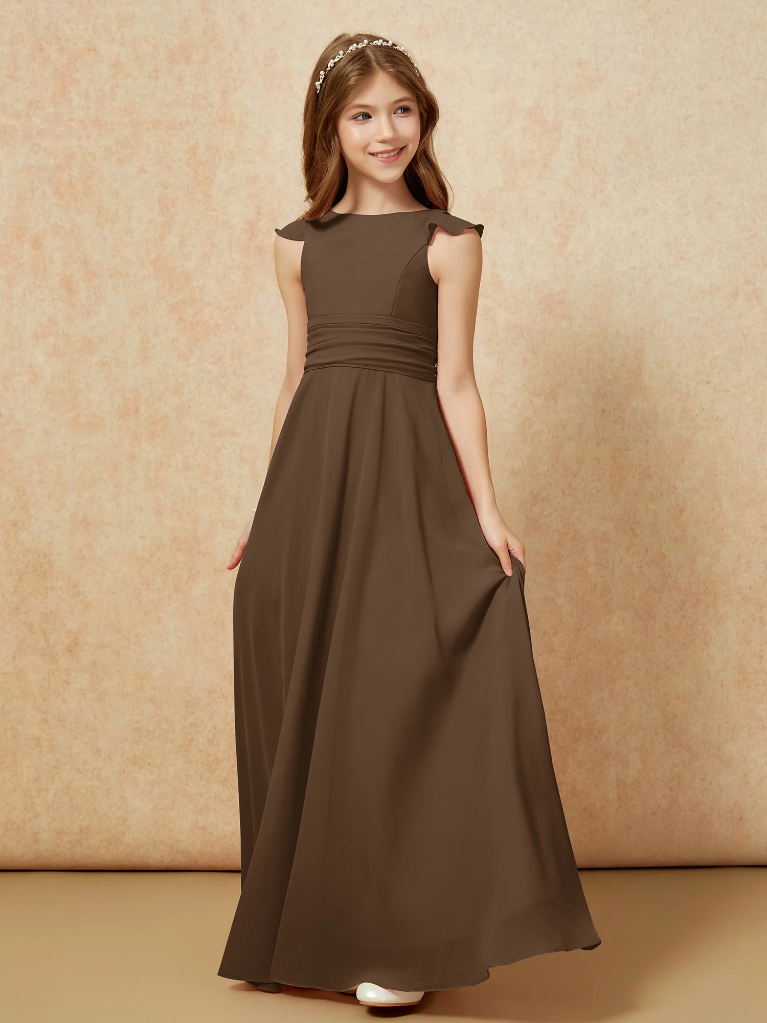 Jewel Neck Flutter Sleeves Chiffon Junior Bridesmaid Dresses Brown - Image 3