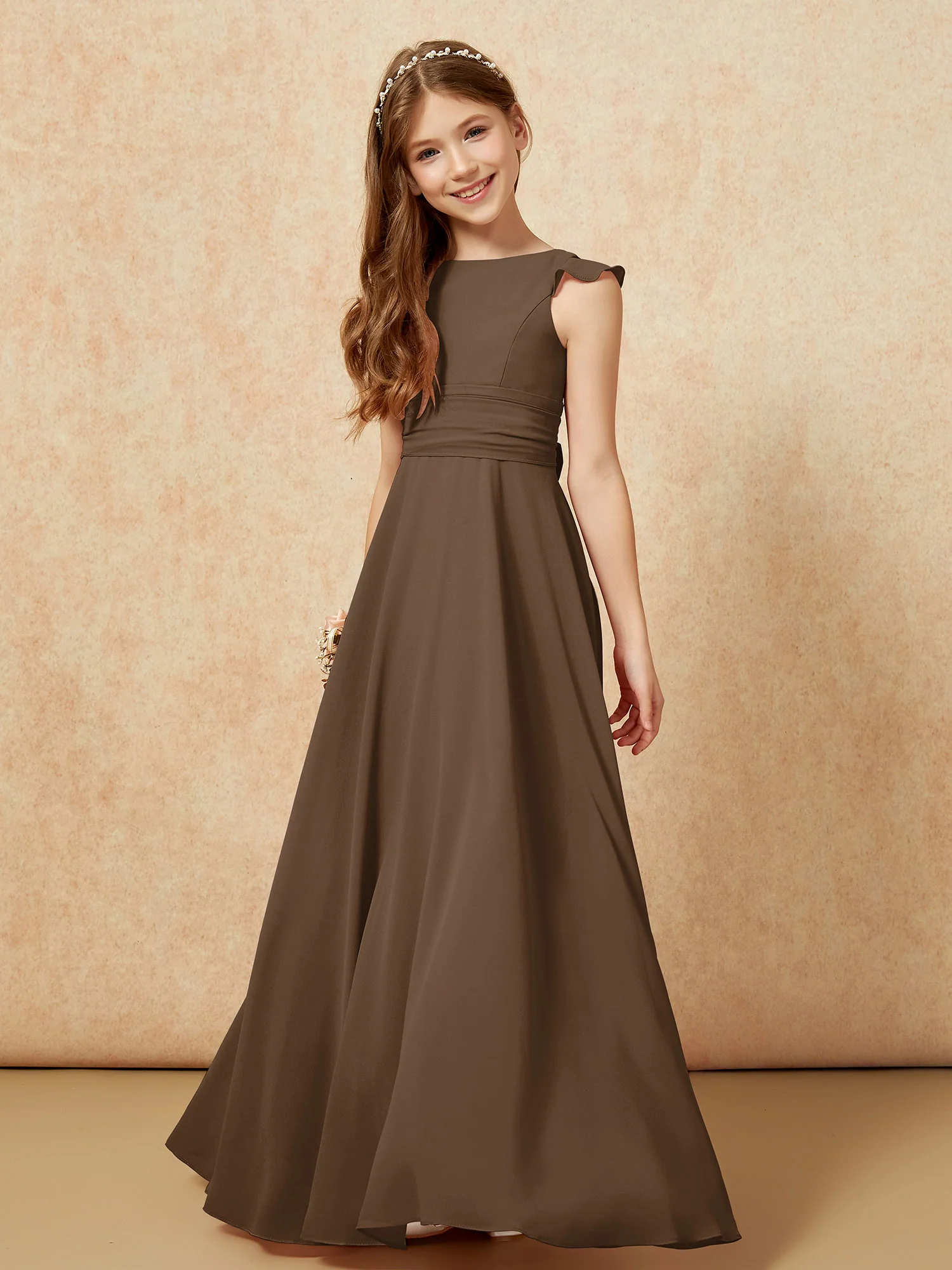 Jewel Neck Flutter Sleeves Chiffon Junior Bridesmaid Dresses Brown - Image 4
