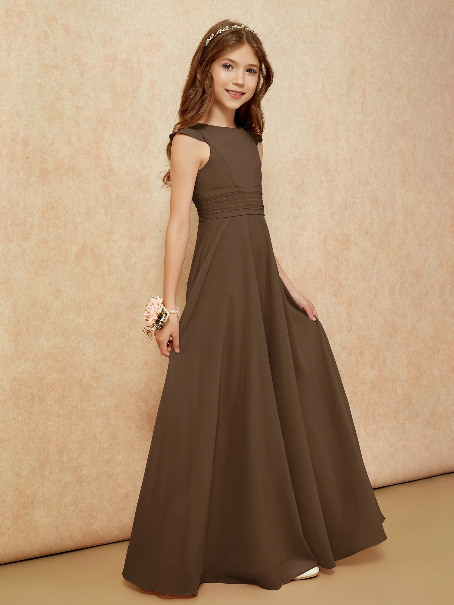 Jewel Neck Flutter Sleeves Chiffon Junior Bridesmaid Dresses Brown - Image 5
