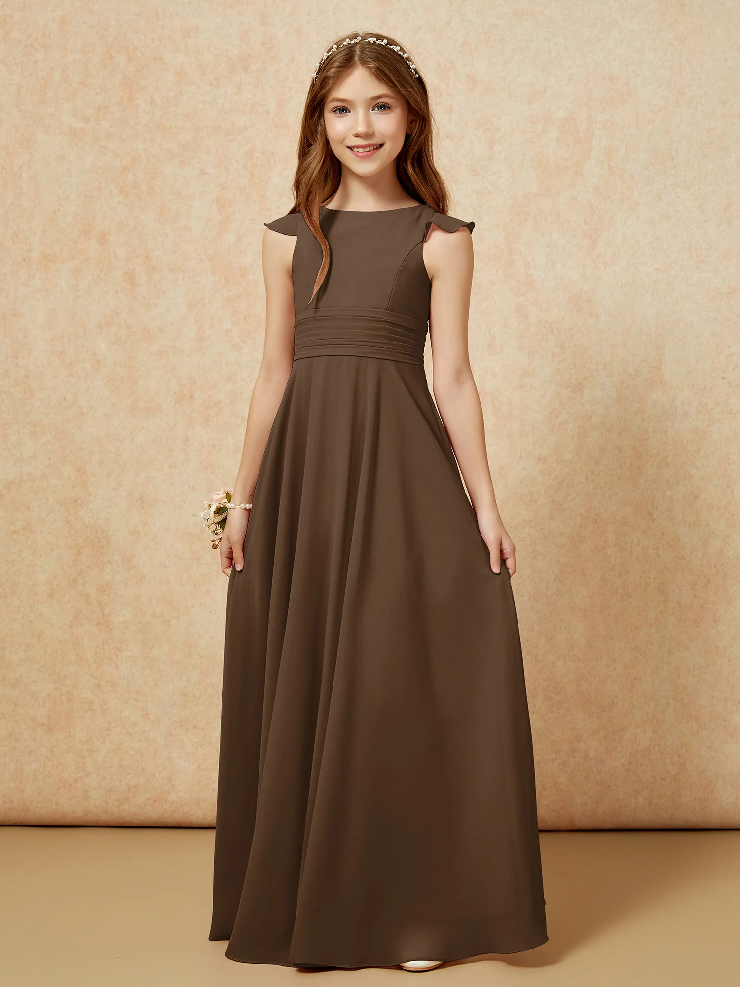 Jewel Neck Flutter Sleeves Chiffon Junior Bridesmaid Dresses Brown - Image 6