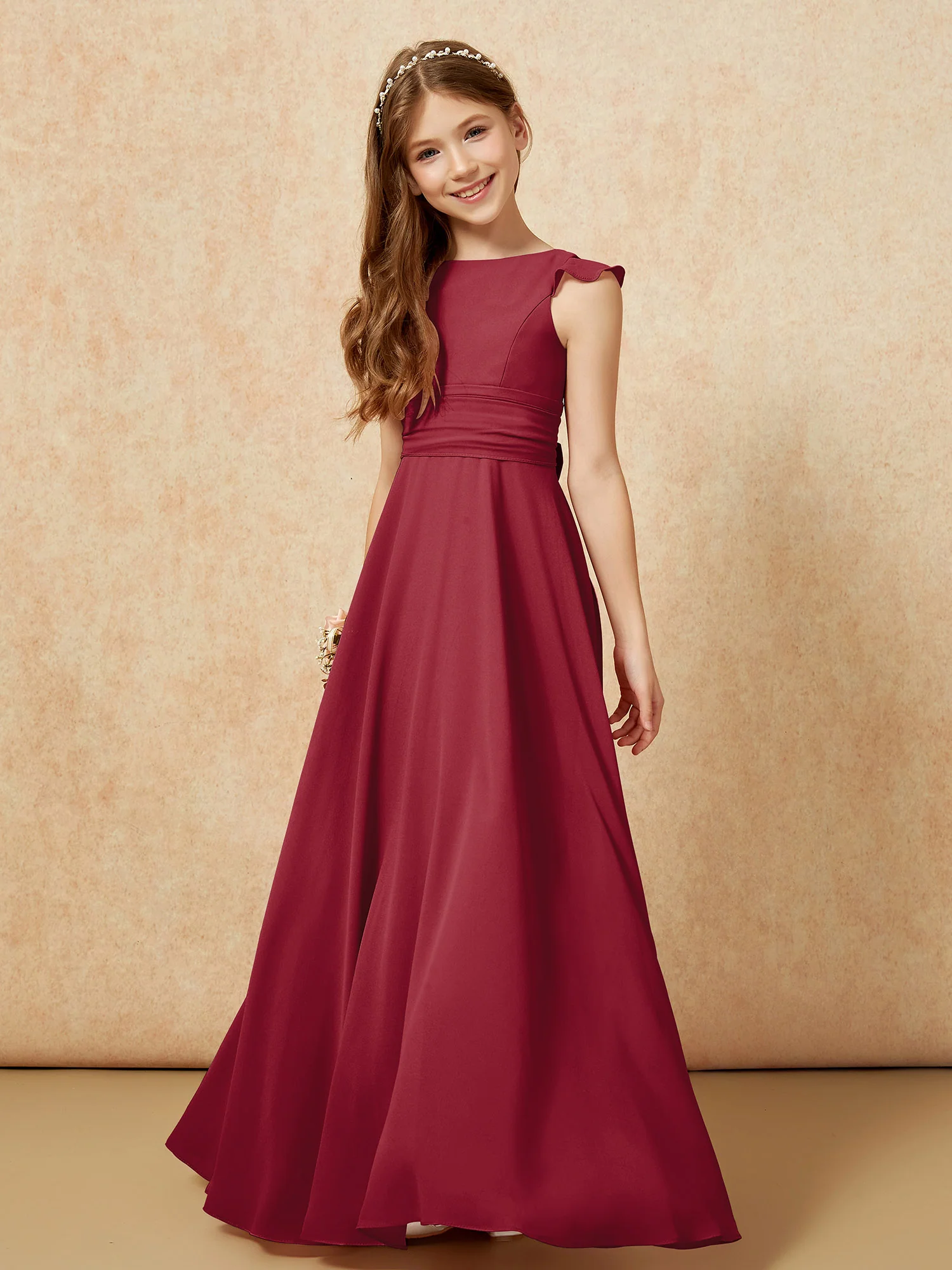 Jewel Neck Flutter Sleeves Chiffon Junior Bridesmaid Dresses Burgundy - Image 4