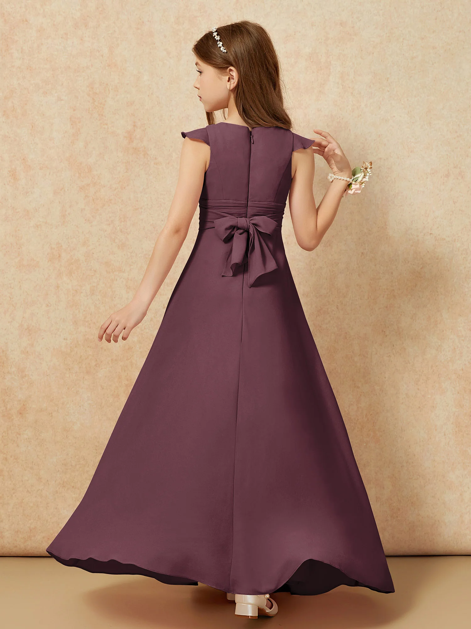 Jewel Neck Flutter Sleeves Chiffon Junior Bridesmaid Dresses Cabernet - Image 2