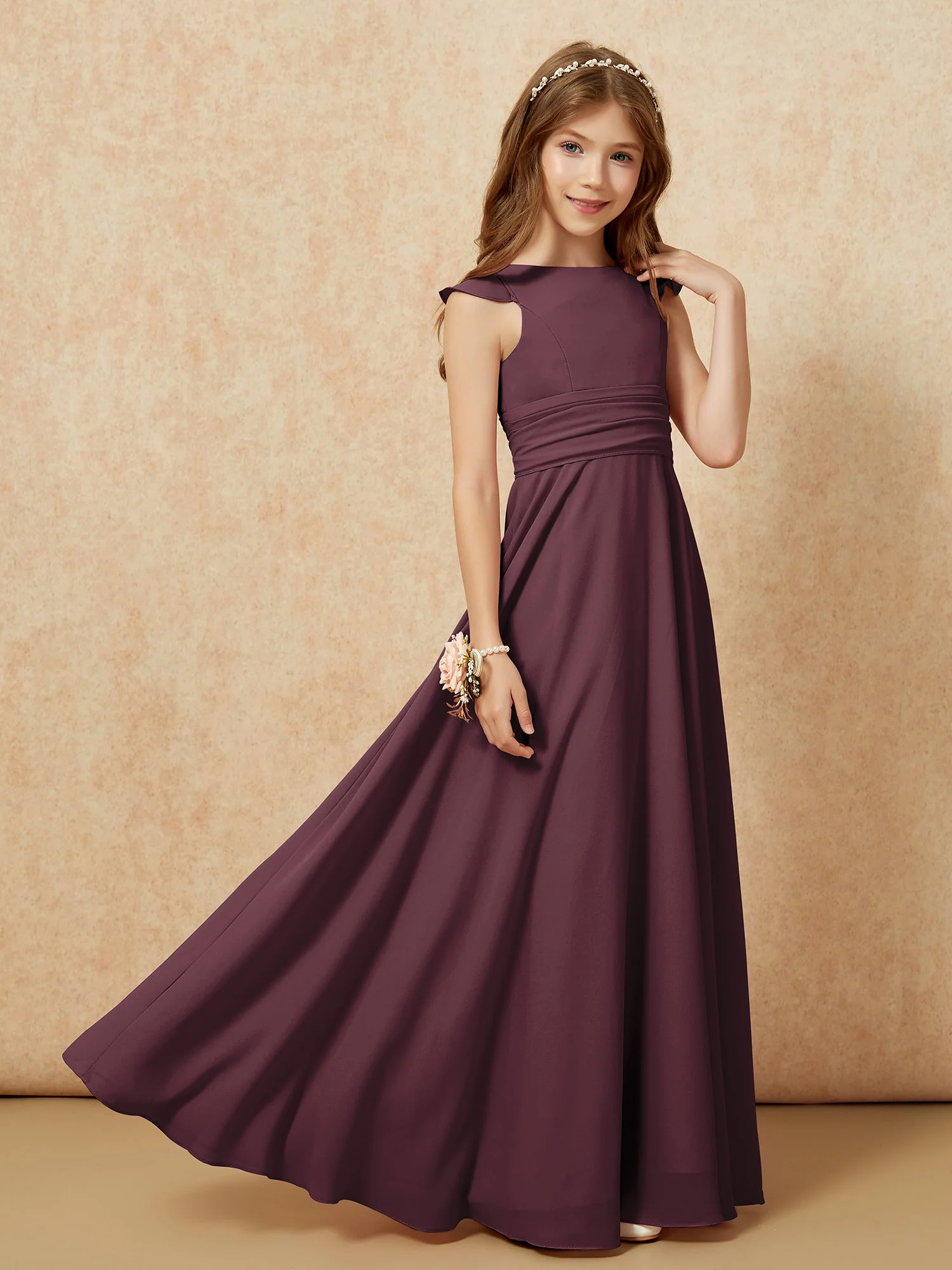 Jewel Neck Flutter Sleeves Chiffon Junior Bridesmaid Dresses Cabernet - Image 7