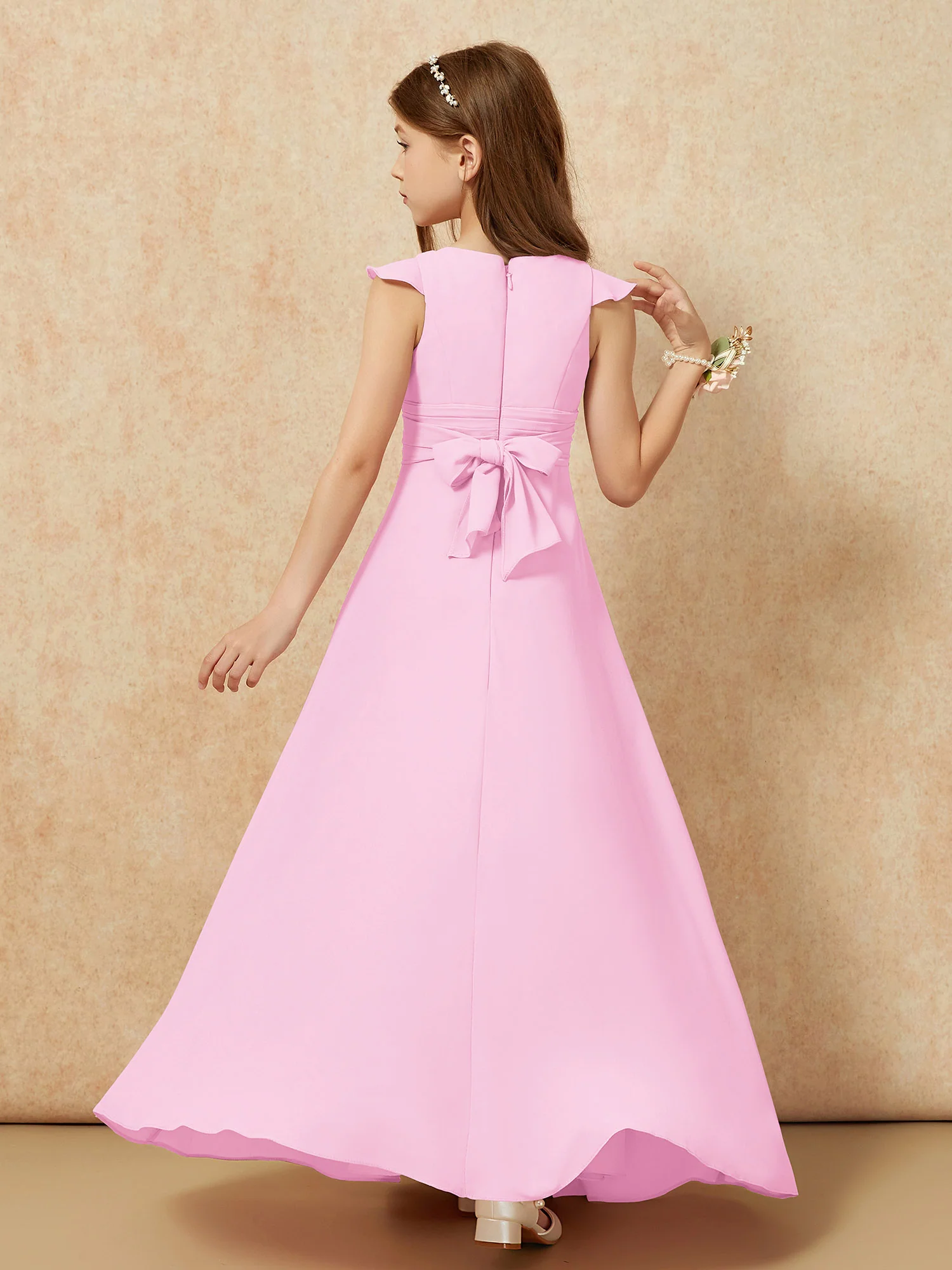 Jewel Neck Flutter Sleeves Chiffon Junior Bridesmaid Dresses Candy Pink - Image 2