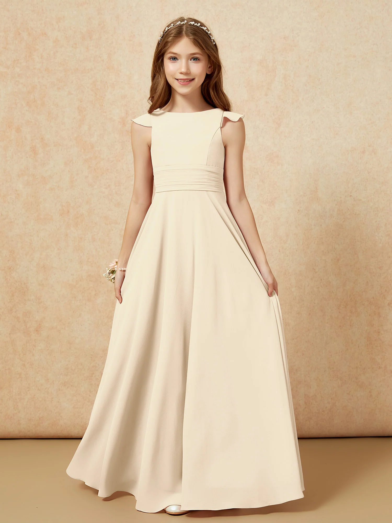 Jewel Neck Flutter Sleeves Chiffon Junior Bridesmaid Dresses Champagne
