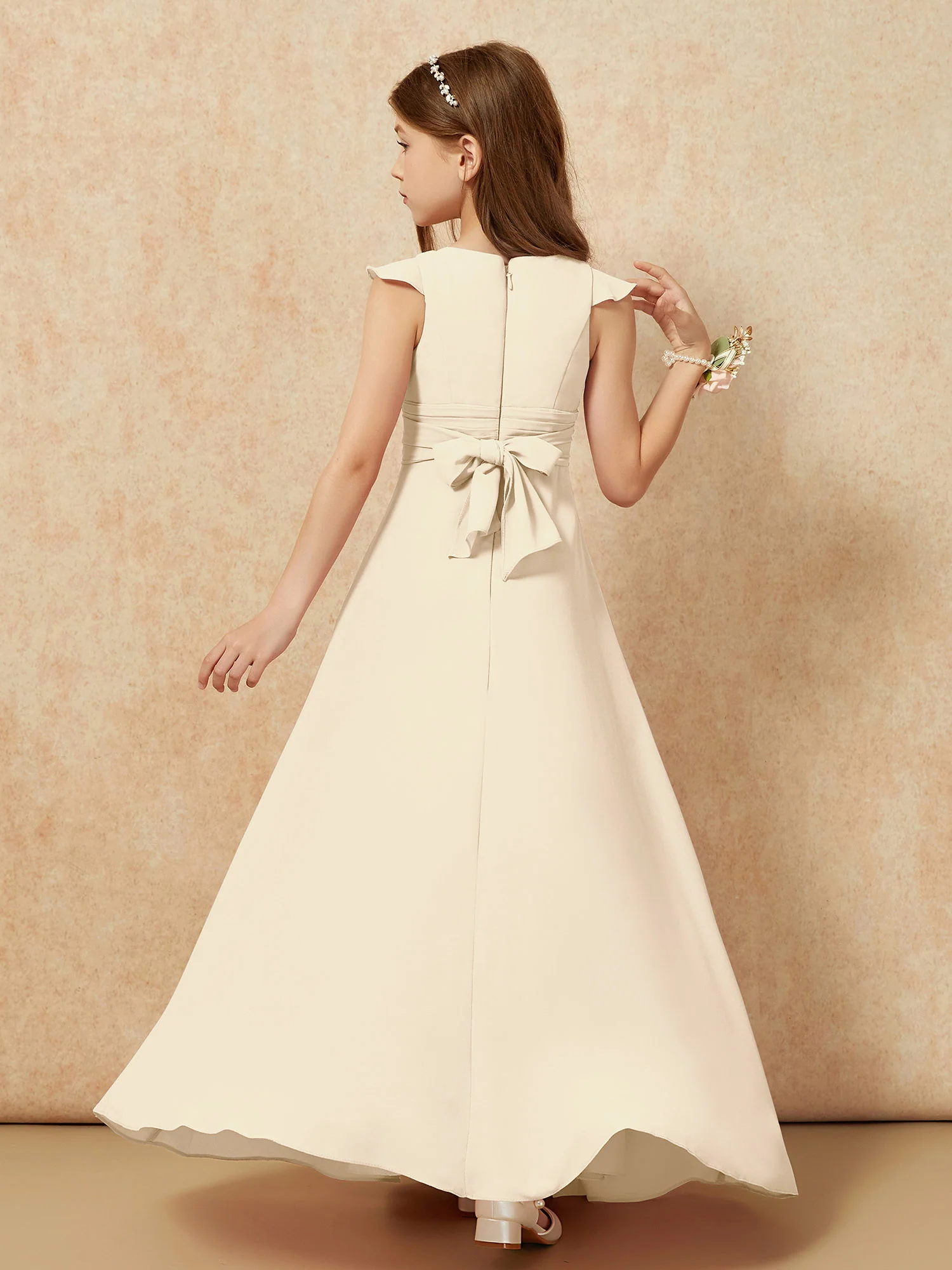 Jewel Neck Flutter Sleeves Chiffon Junior Bridesmaid Dresses Champagne - Image 2