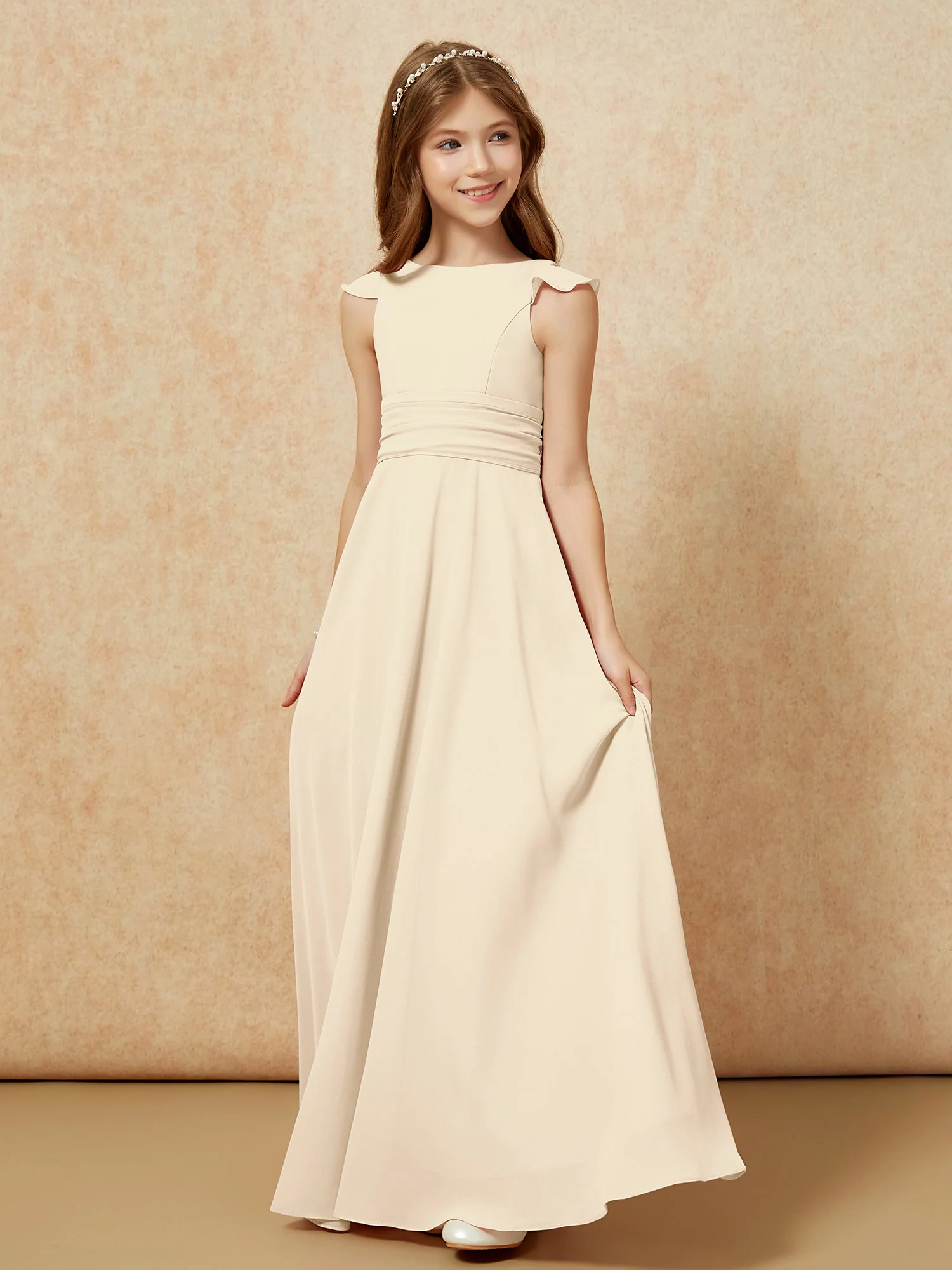 Jewel Neck Flutter Sleeves Chiffon Junior Bridesmaid Dresses Champagne - Image 3