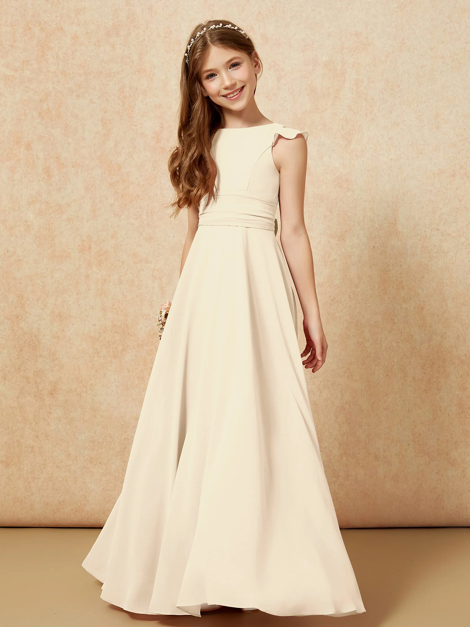 Jewel Neck Flutter Sleeves Chiffon Junior Bridesmaid Dresses Champagne - Image 4