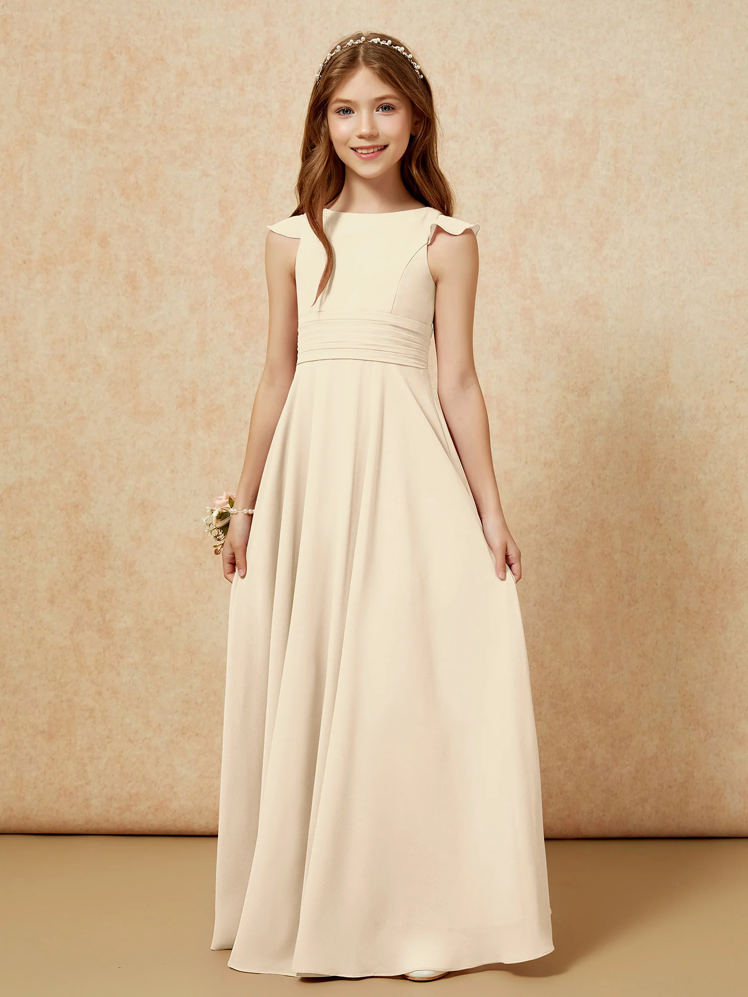 Jewel Neck Flutter Sleeves Chiffon Junior Bridesmaid Dresses Champagne - Image 6