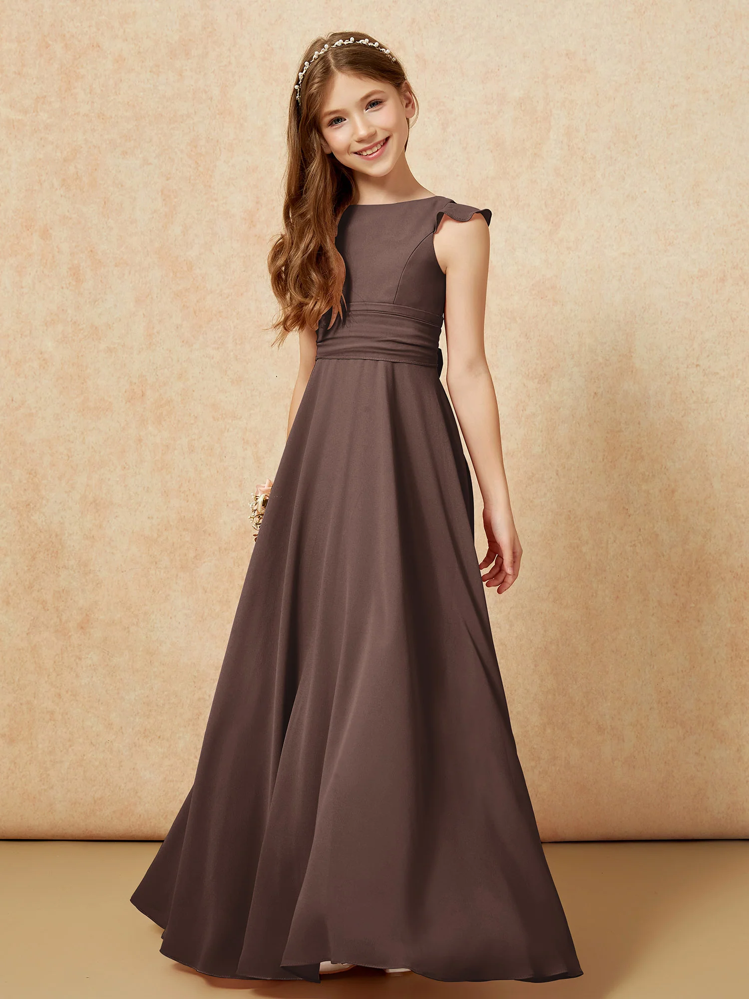 Jewel Neck Flutter Sleeves Chiffon Junior Bridesmaid Dresses Chocolate - Image 4
