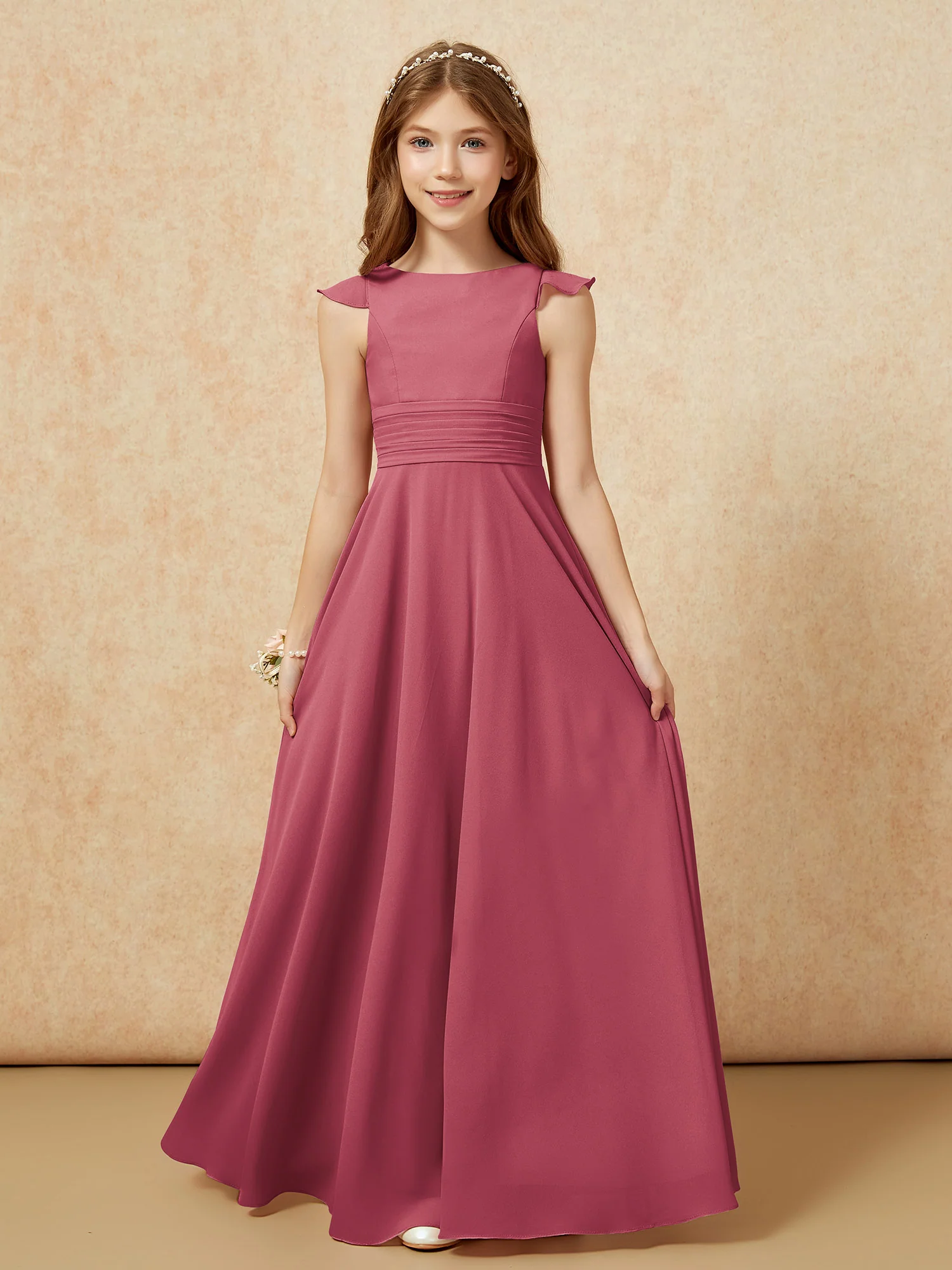 Jewel Neck Flutter Sleeves Chiffon Junior Bridesmaid Dresses Cinnamon Rose