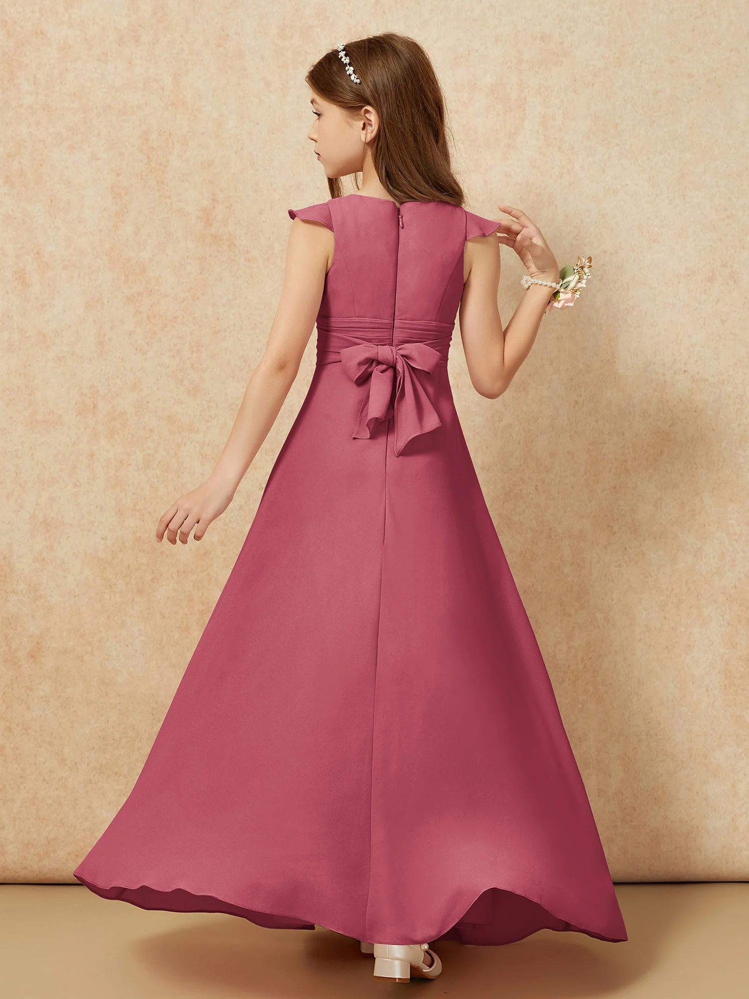 Jewel Neck Flutter Sleeves Chiffon Junior Bridesmaid Dresses Cinnamon Rose - Image 2