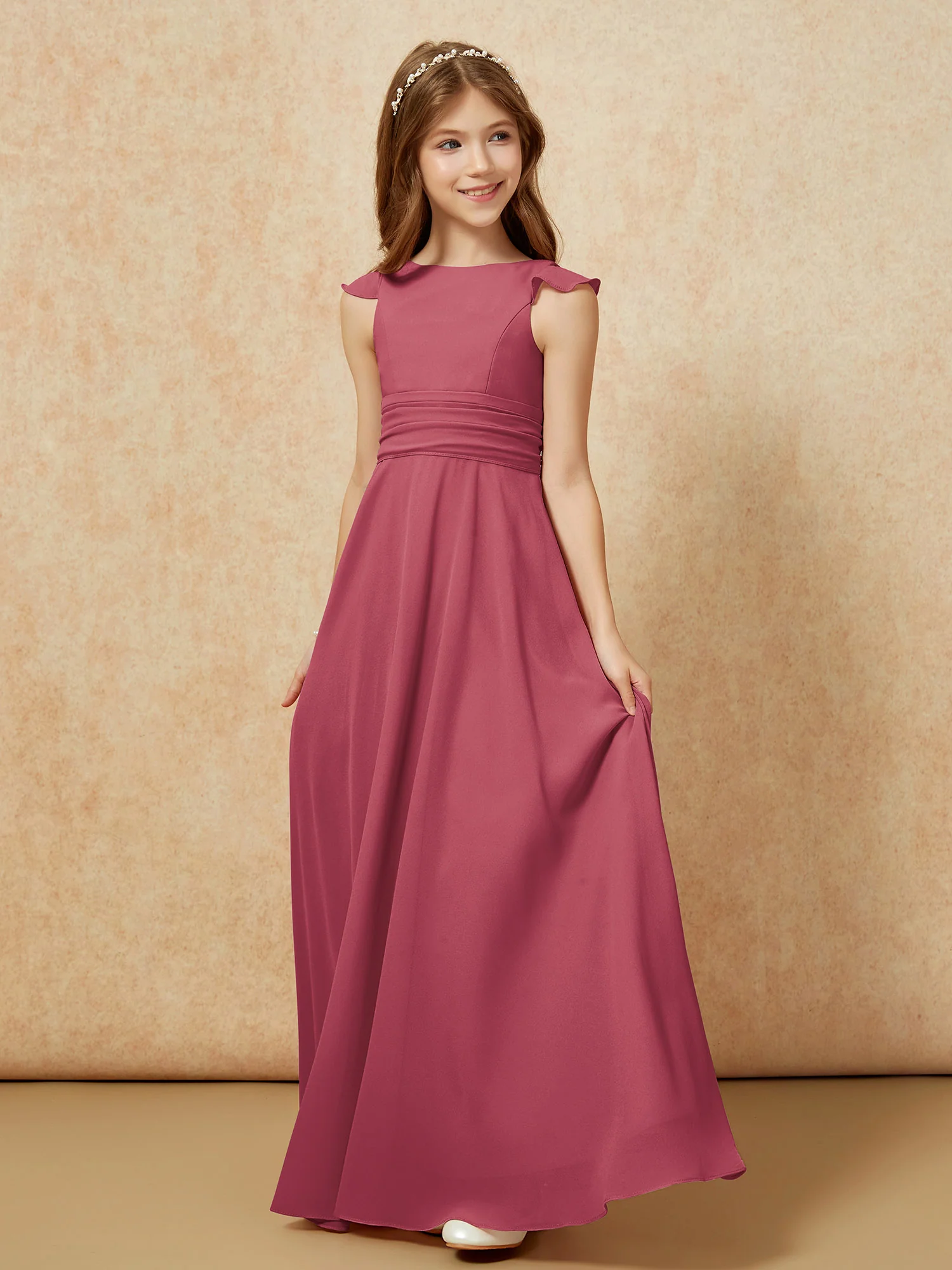Jewel Neck Flutter Sleeves Chiffon Junior Bridesmaid Dresses Cinnamon Rose - Image 3