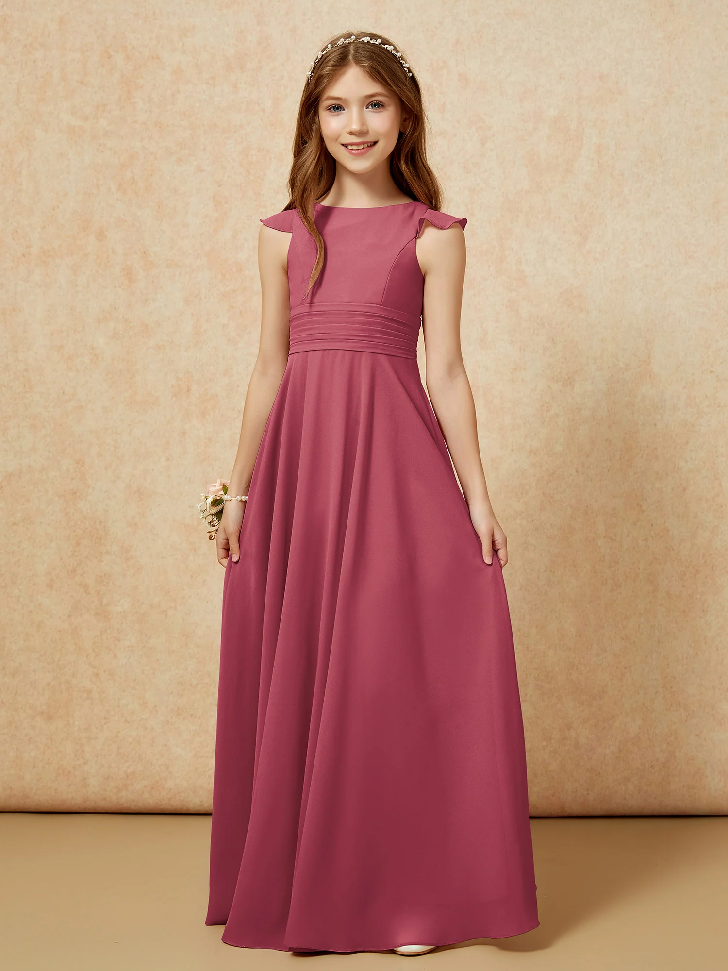 Jewel Neck Flutter Sleeves Chiffon Junior Bridesmaid Dresses Cinnamon Rose - Image 6