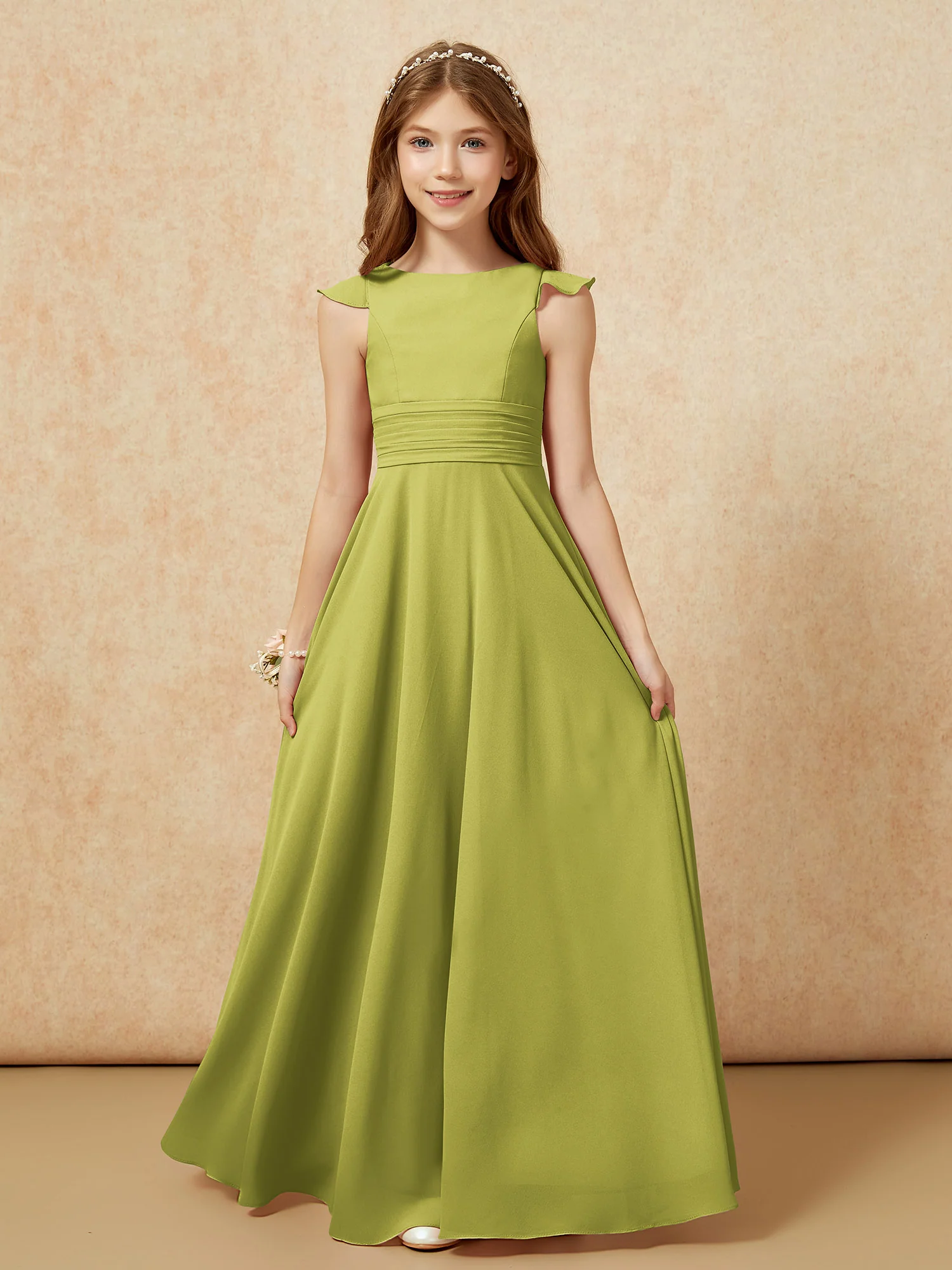 Jewel Neck Flutter Sleeves Chiffon Junior Bridesmaid Dresses Clover