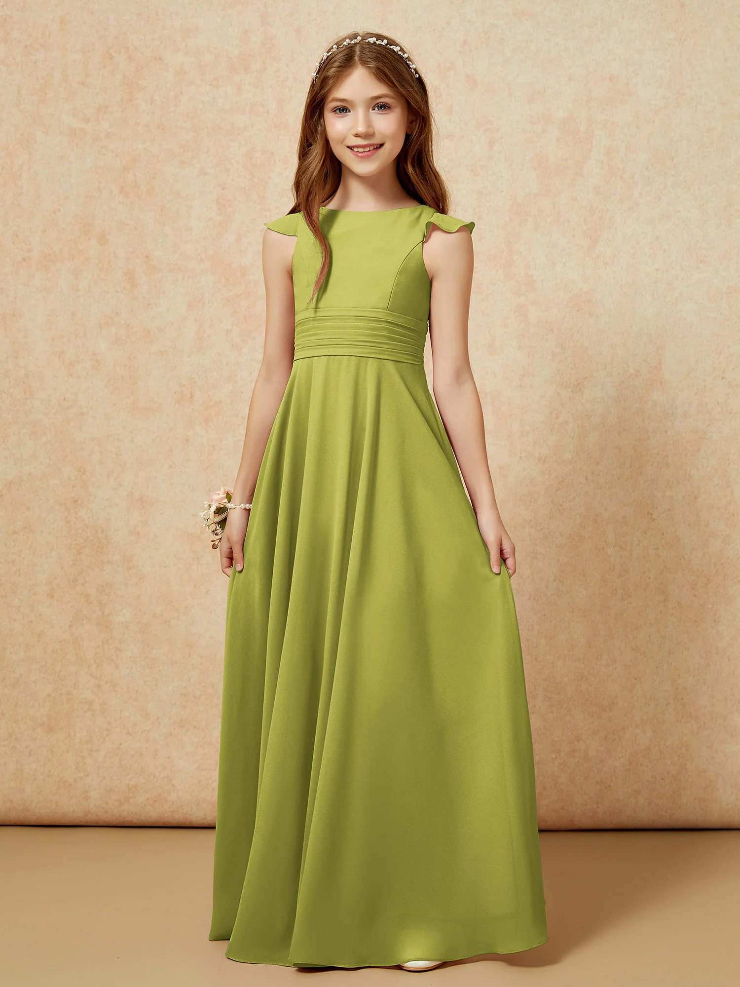 Jewel Neck Flutter Sleeves Chiffon Junior Bridesmaid Dresses Clover - Image 6