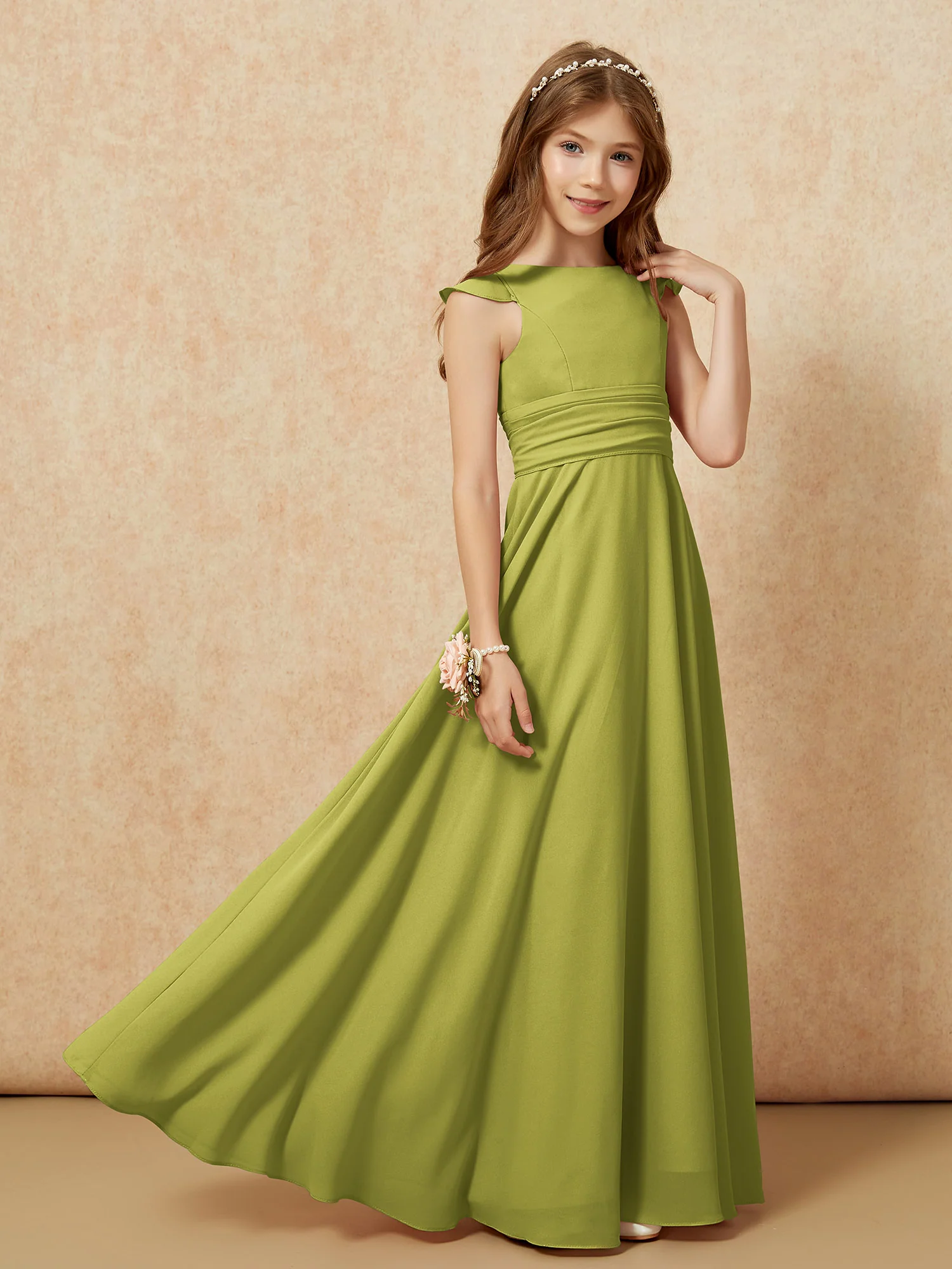 Jewel Neck Flutter Sleeves Chiffon Junior Bridesmaid Dresses Clover - Image 7