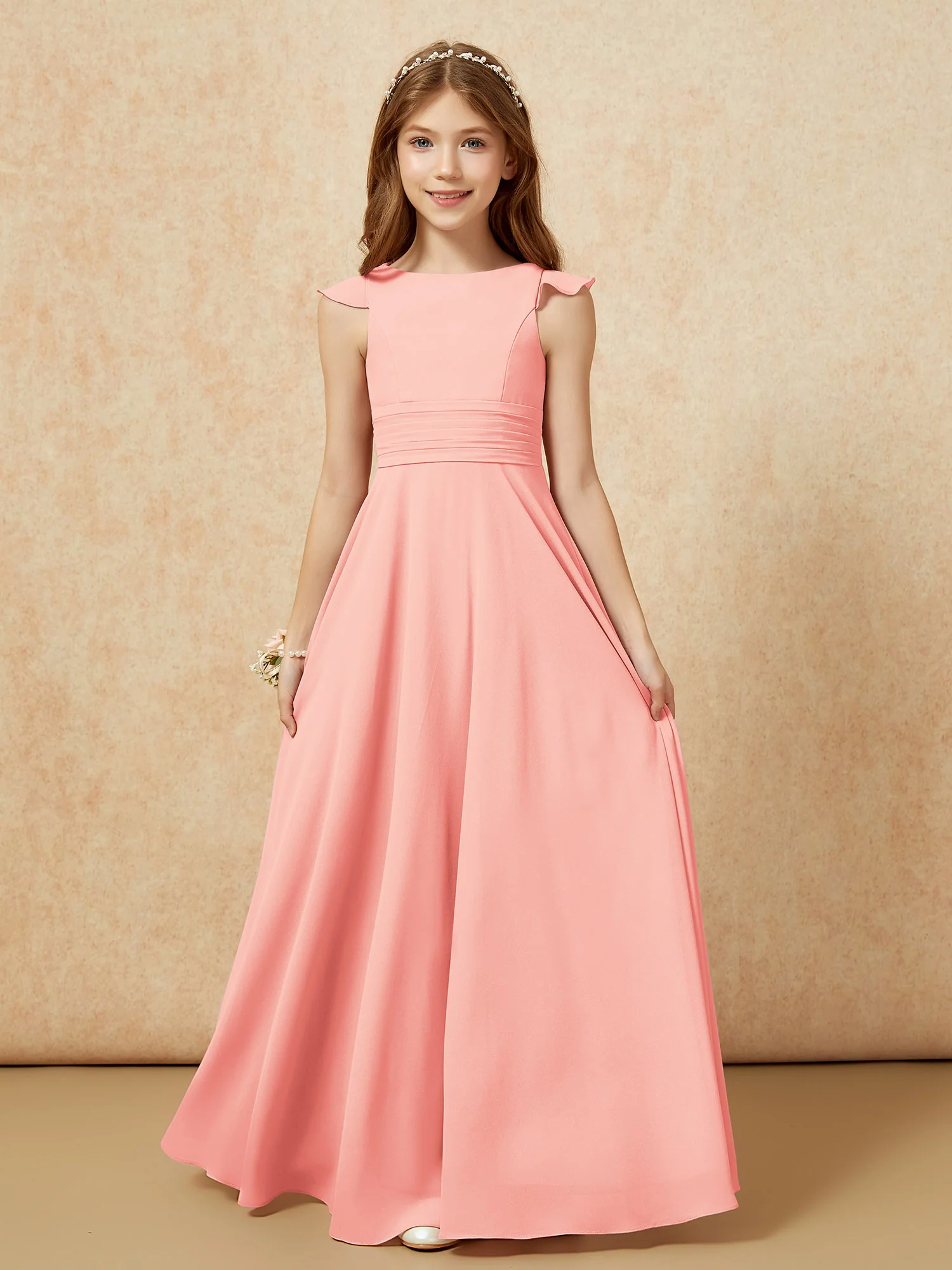 Jewel Neck Flutter Sleeves Chiffon Junior Bridesmaid Dresses Coral