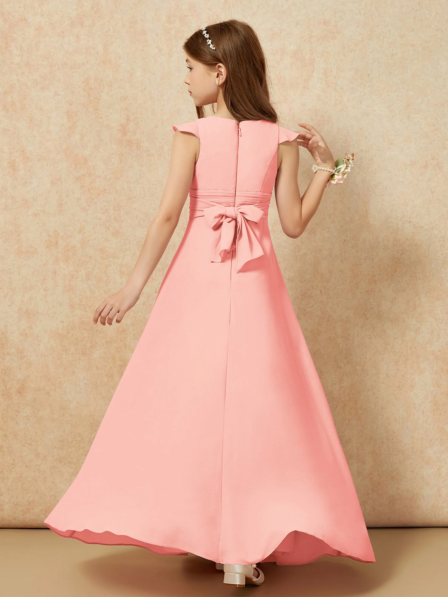 Jewel Neck Flutter Sleeves Chiffon Junior Bridesmaid Dresses Coral - Image 2