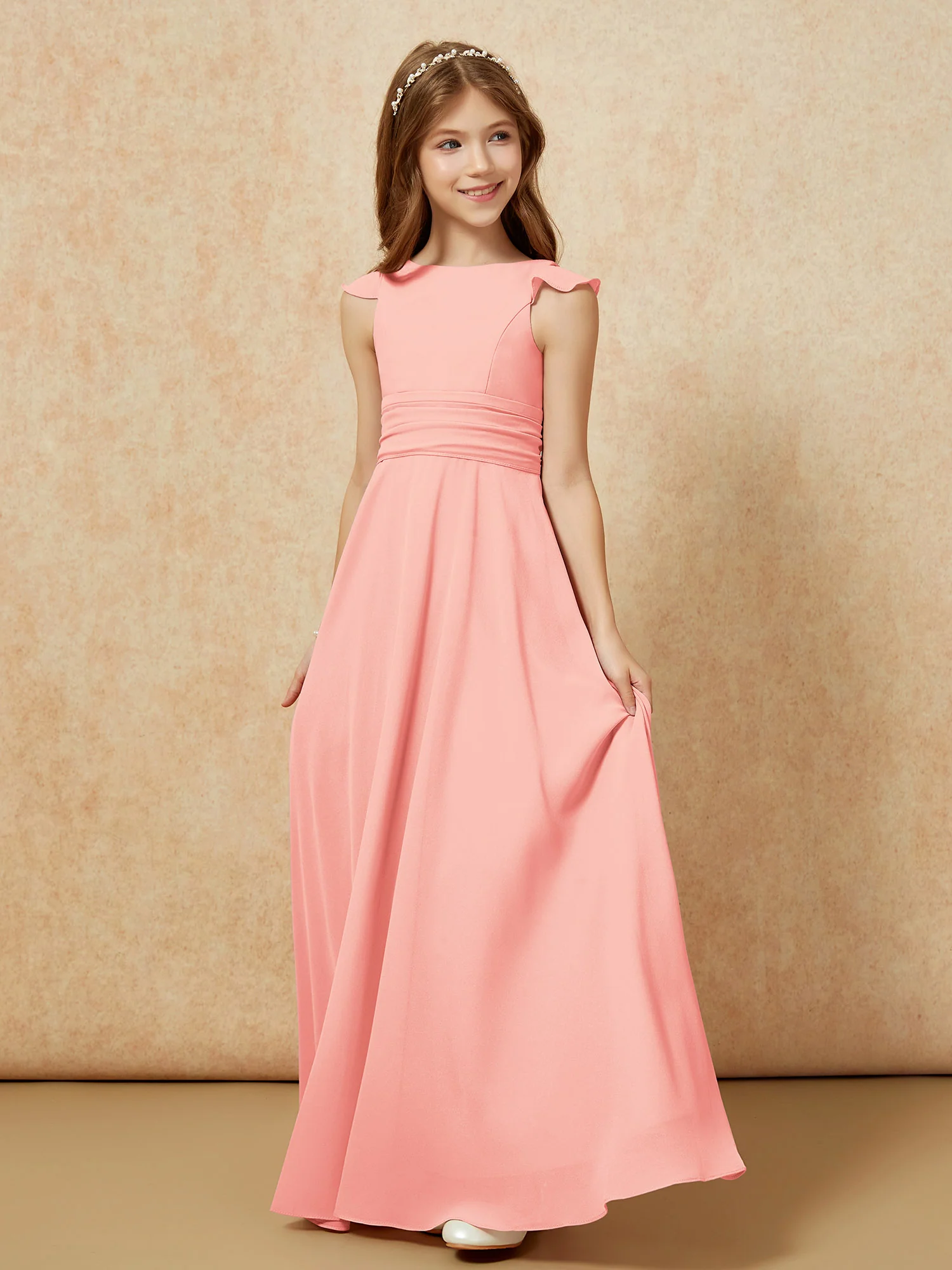 Jewel Neck Flutter Sleeves Chiffon Junior Bridesmaid Dresses Coral - Image 3