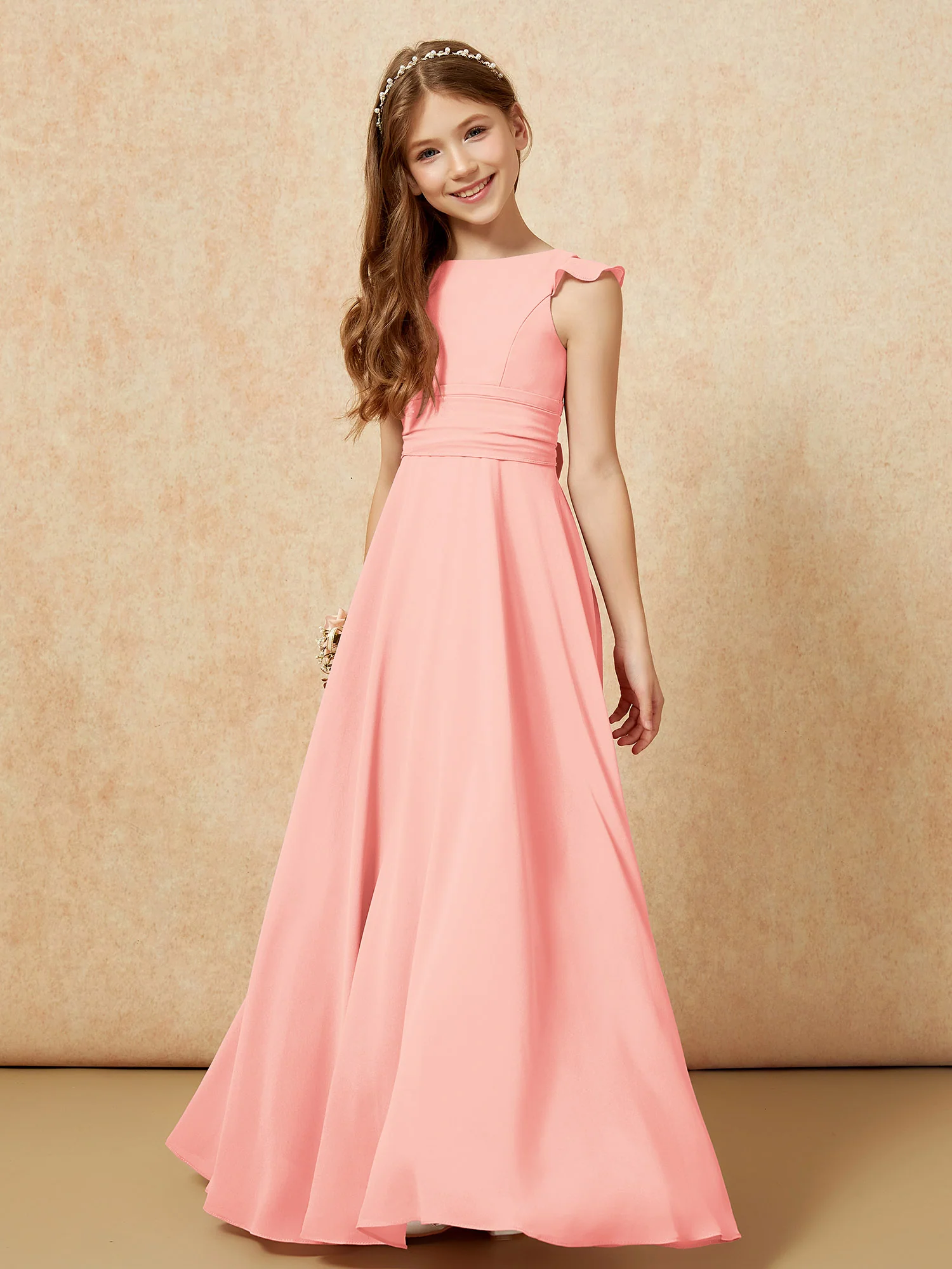 Jewel Neck Flutter Sleeves Chiffon Junior Bridesmaid Dresses Coral - Image 4