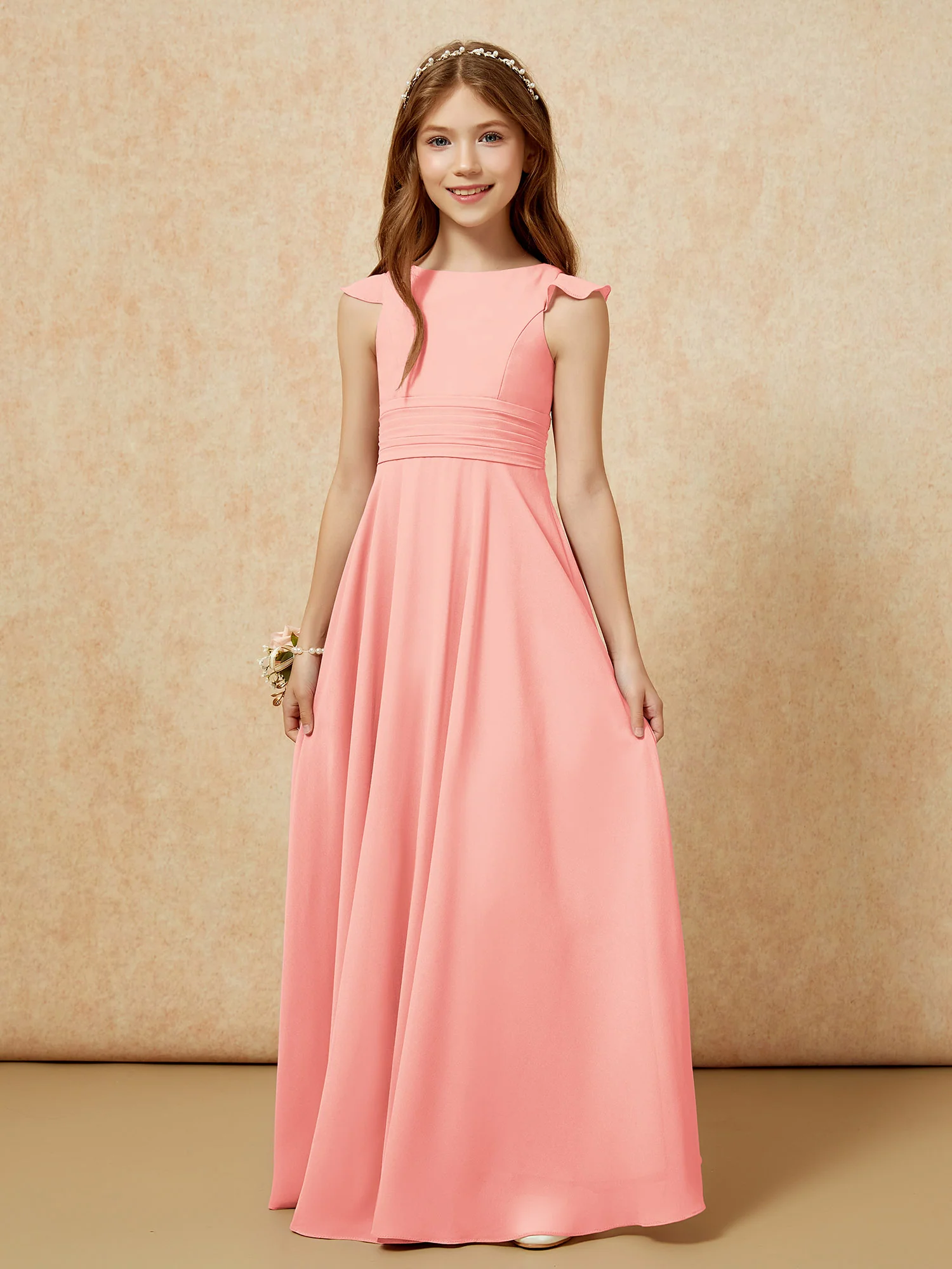 Jewel Neck Flutter Sleeves Chiffon Junior Bridesmaid Dresses Coral - Image 6