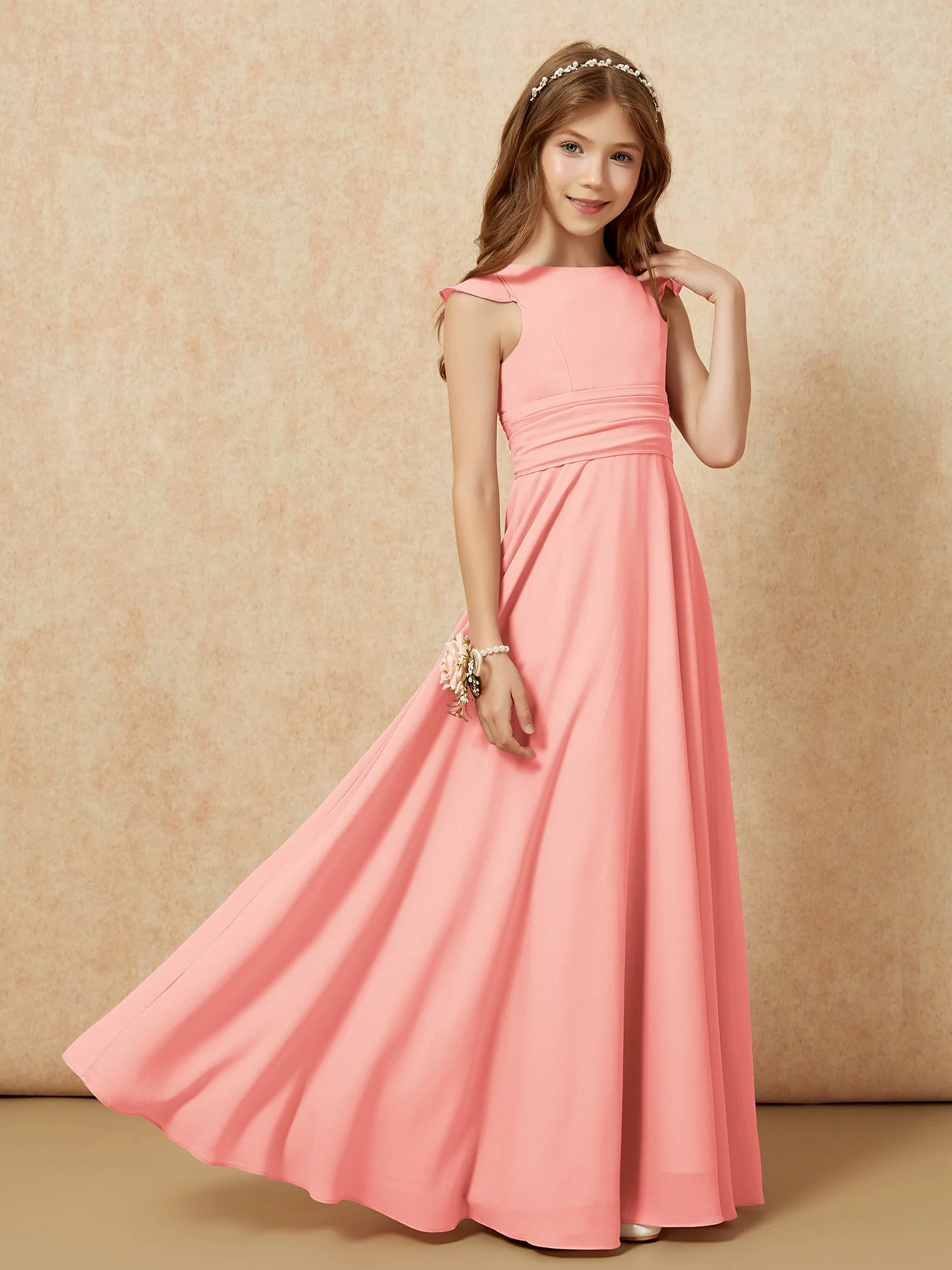 Jewel Neck Flutter Sleeves Chiffon Junior Bridesmaid Dresses Coral - Image 7
