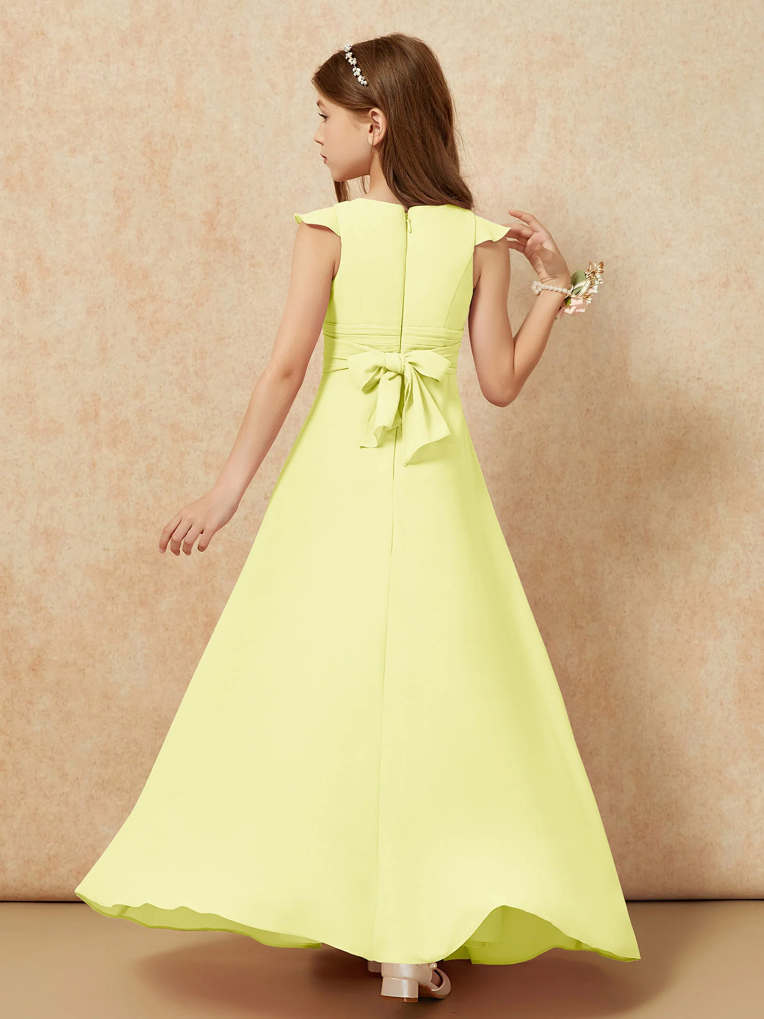 Jewel Neck Flutter Sleeves Chiffon Junior Bridesmaid Dresses Daffodil - Image 2