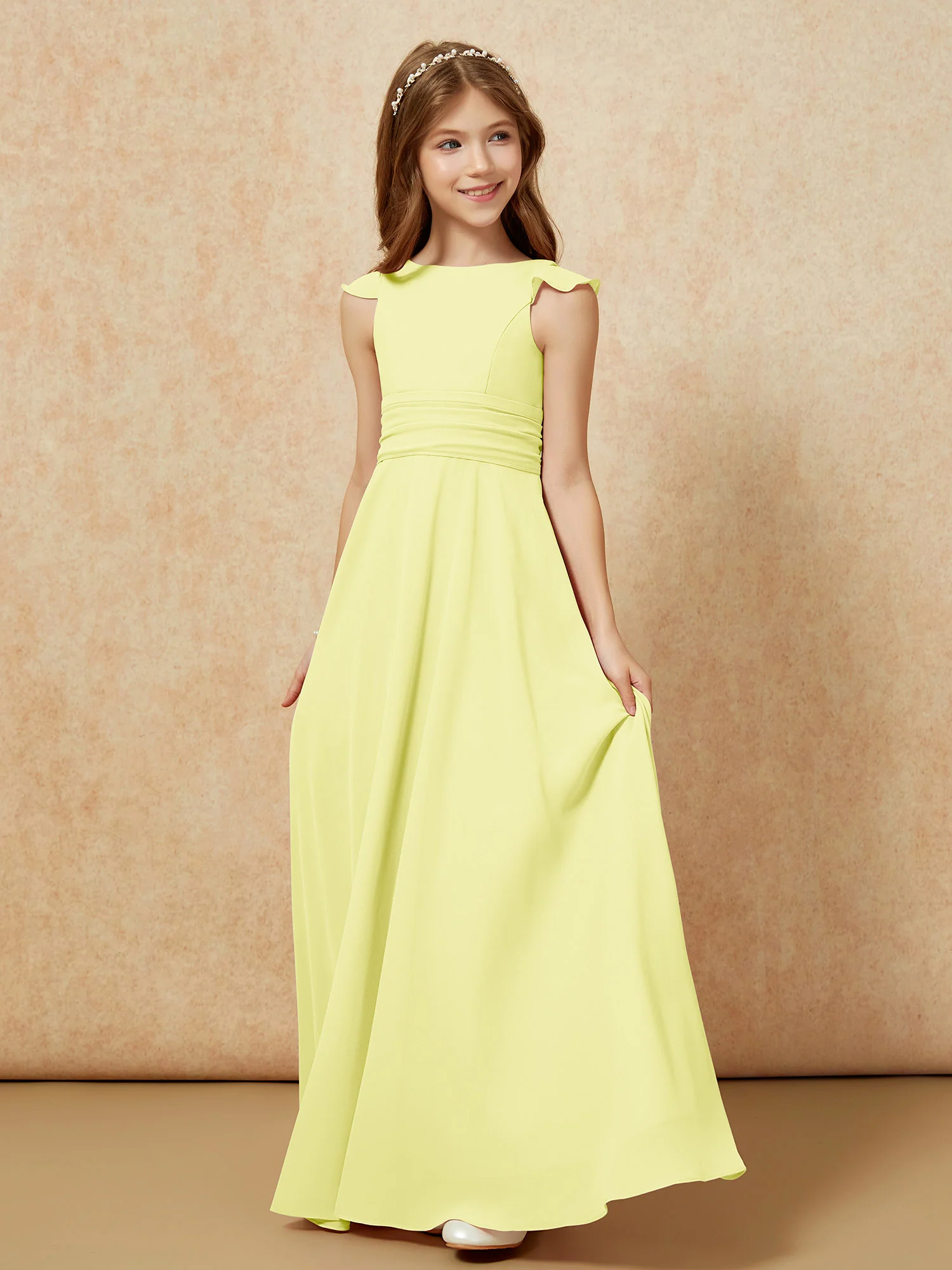 Jewel Neck Flutter Sleeves Chiffon Junior Bridesmaid Dresses Daffodil - Image 3