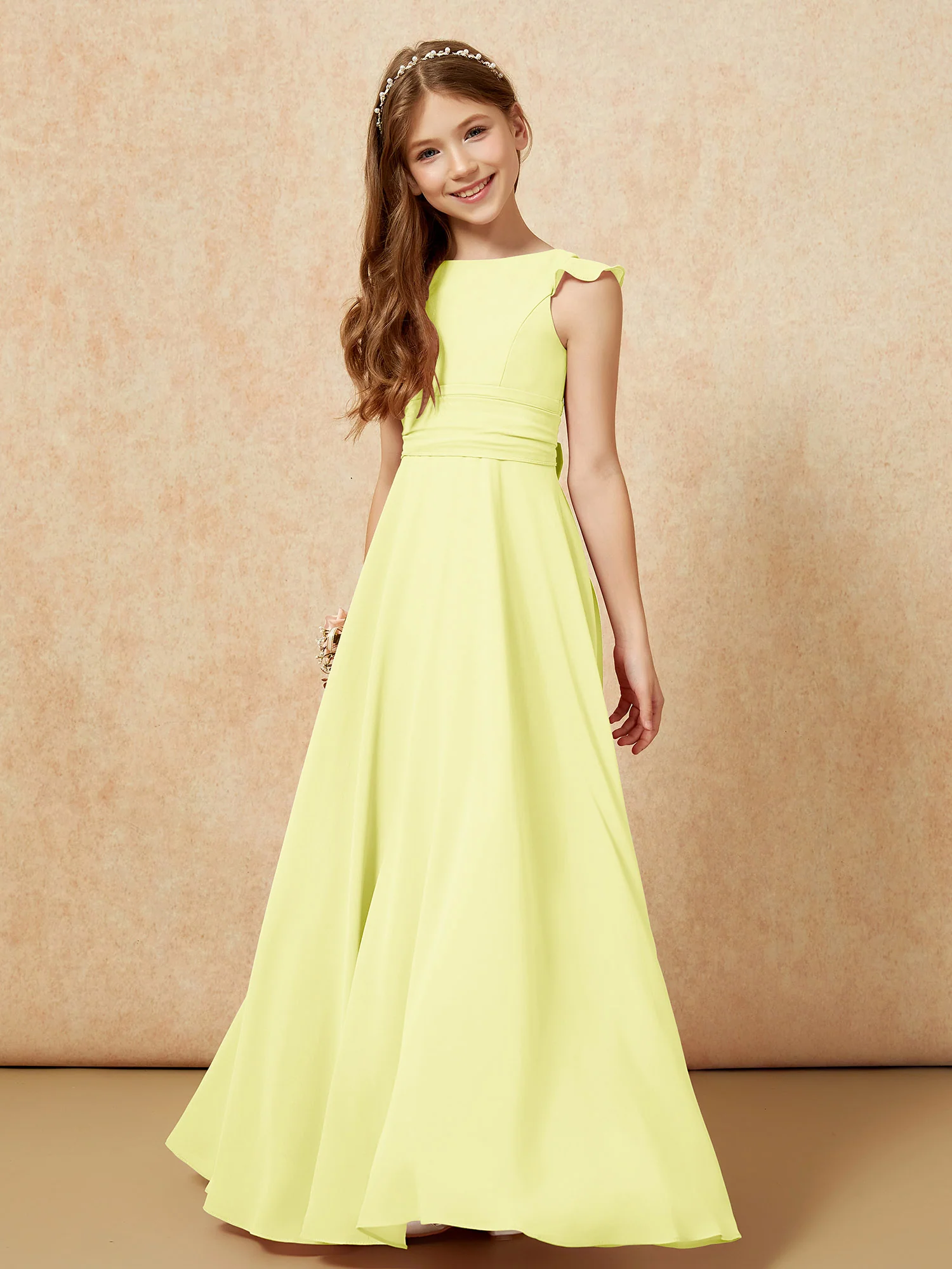Jewel Neck Flutter Sleeves Chiffon Junior Bridesmaid Dresses Daffodil - Image 4