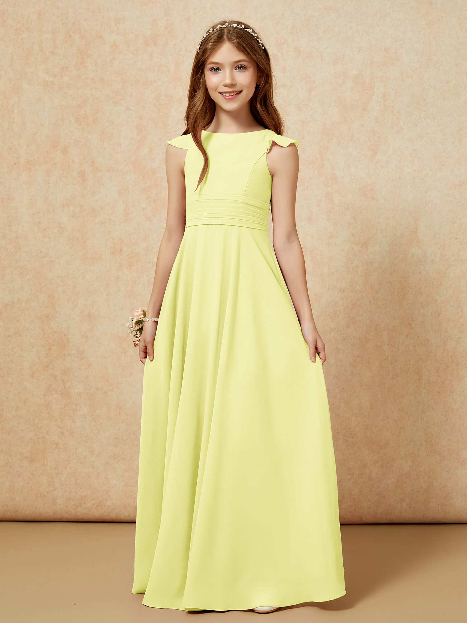 Jewel Neck Flutter Sleeves Chiffon Junior Bridesmaid Dresses Daffodil - Image 6