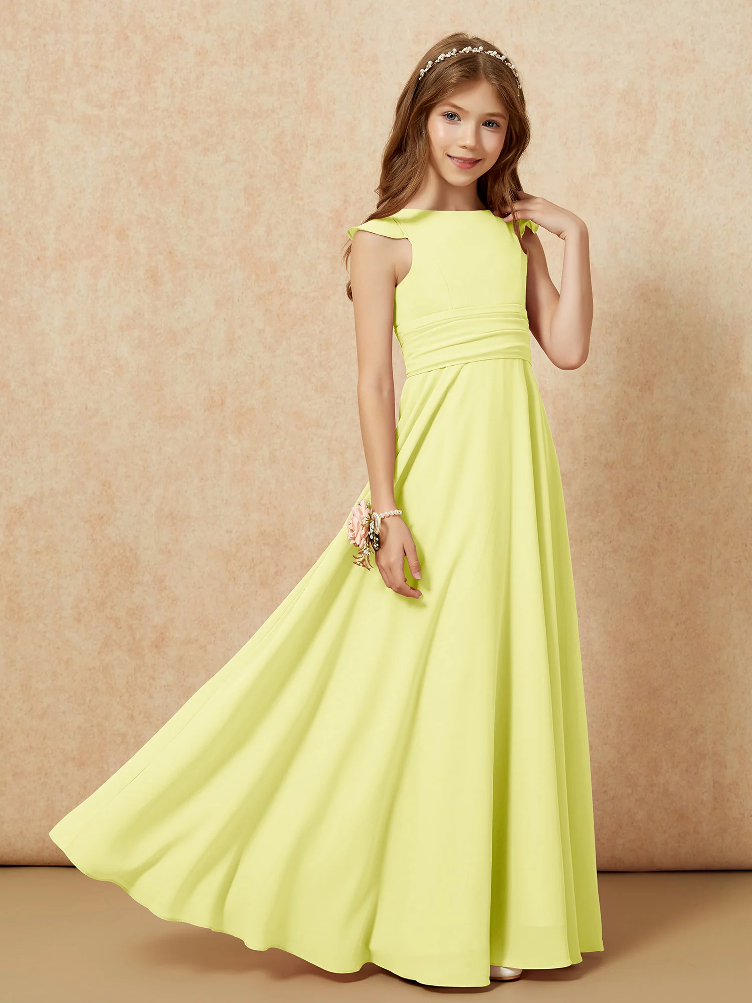 Jewel Neck Flutter Sleeves Chiffon Junior Bridesmaid Dresses Daffodil - Image 7