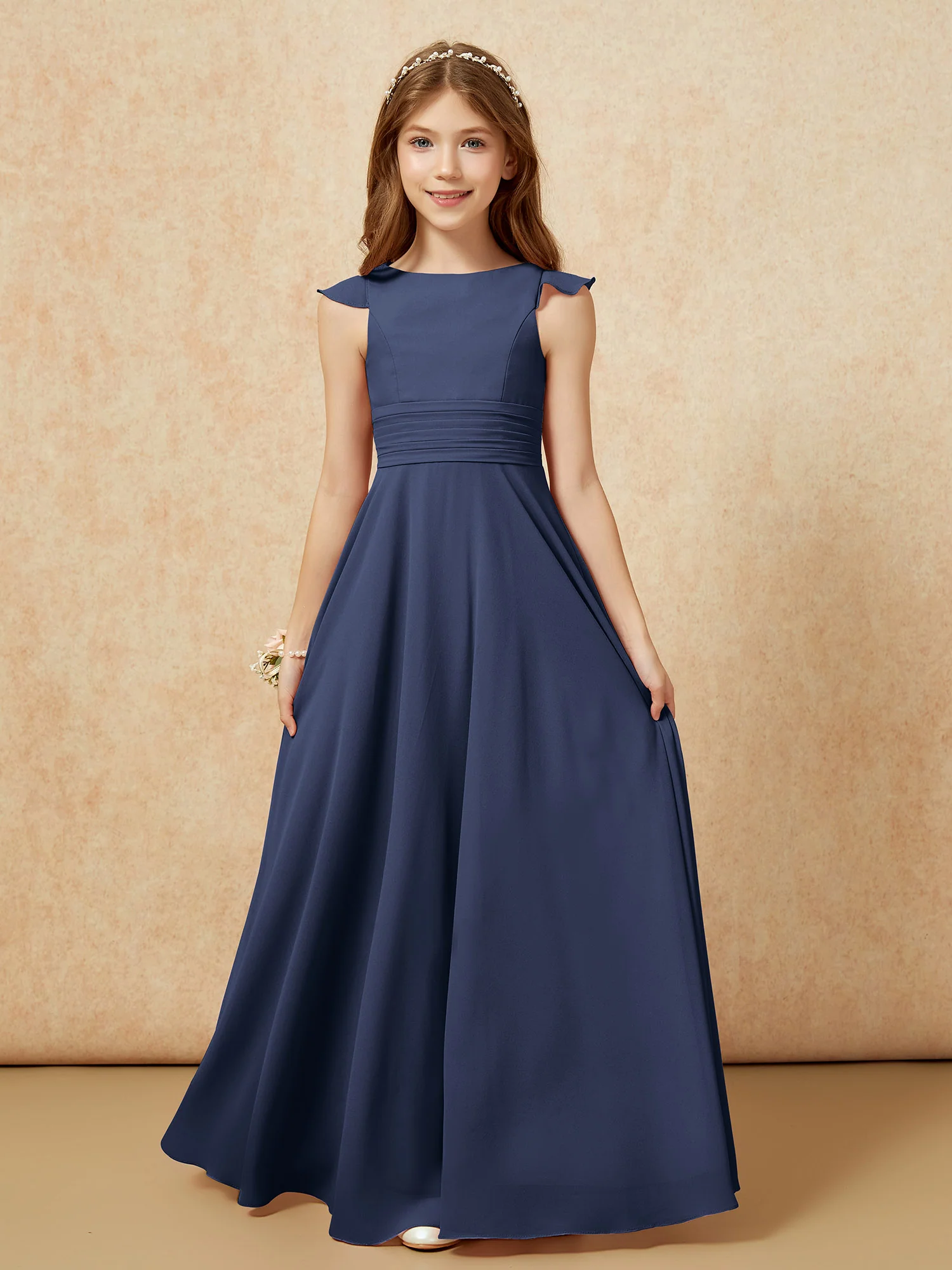 Jewel Neck Flutter Sleeves Chiffon Junior Bridesmaid Dresses Dark Navy