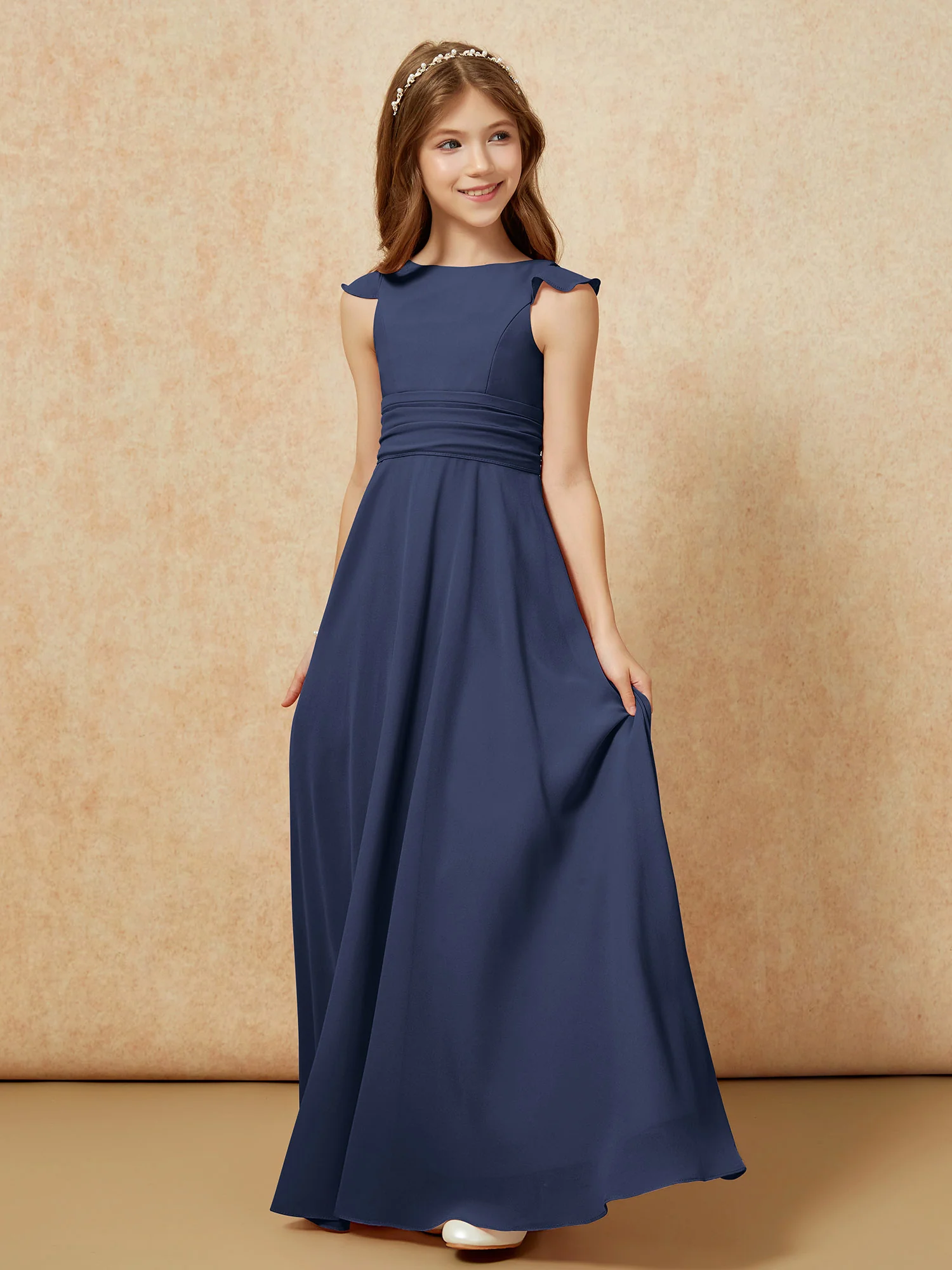 Jewel Neck Flutter Sleeves Chiffon Junior Bridesmaid Dresses Dark Navy - Image 3
