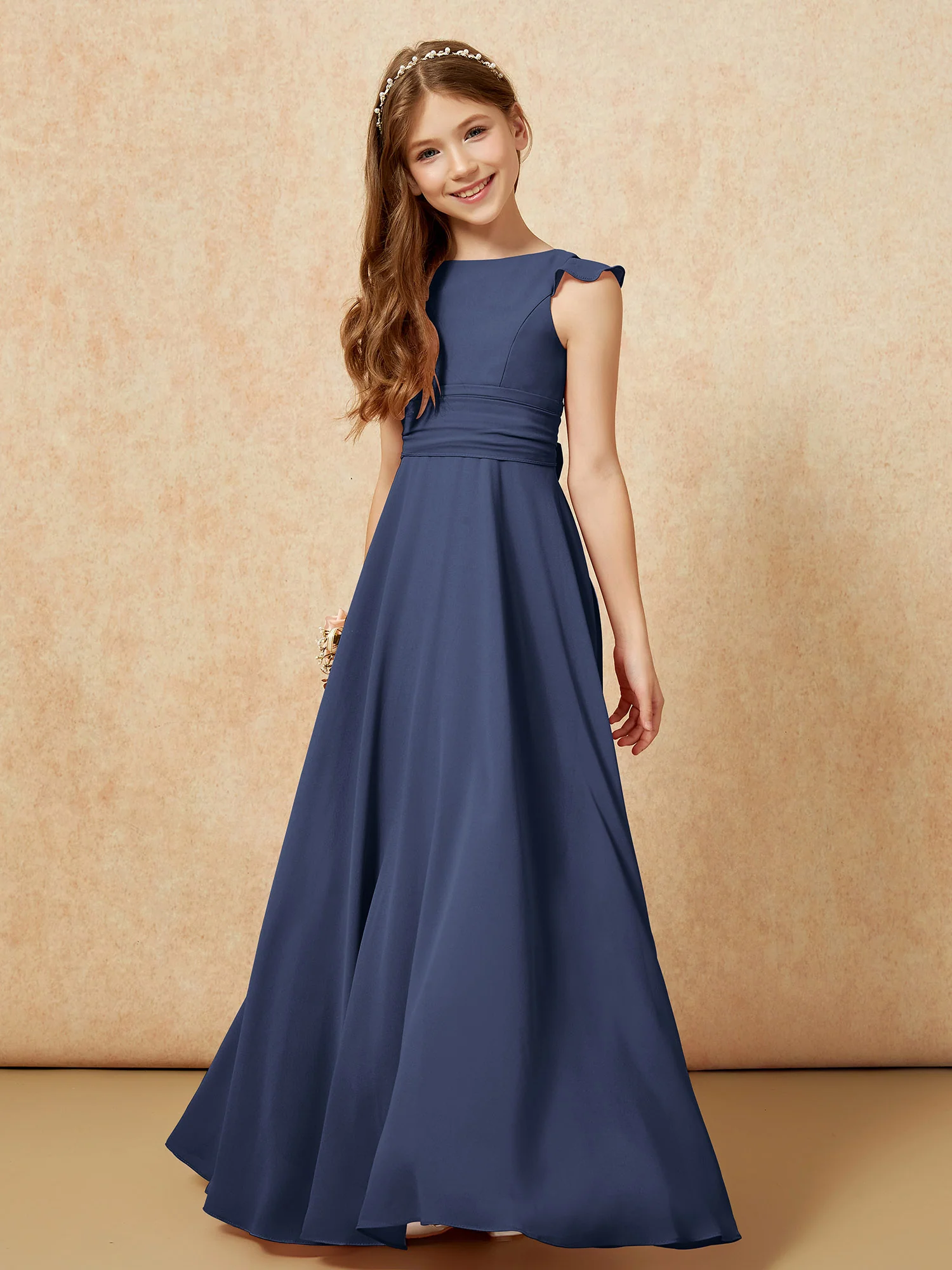 Jewel Neck Flutter Sleeves Chiffon Junior Bridesmaid Dresses Dark Navy - Image 4