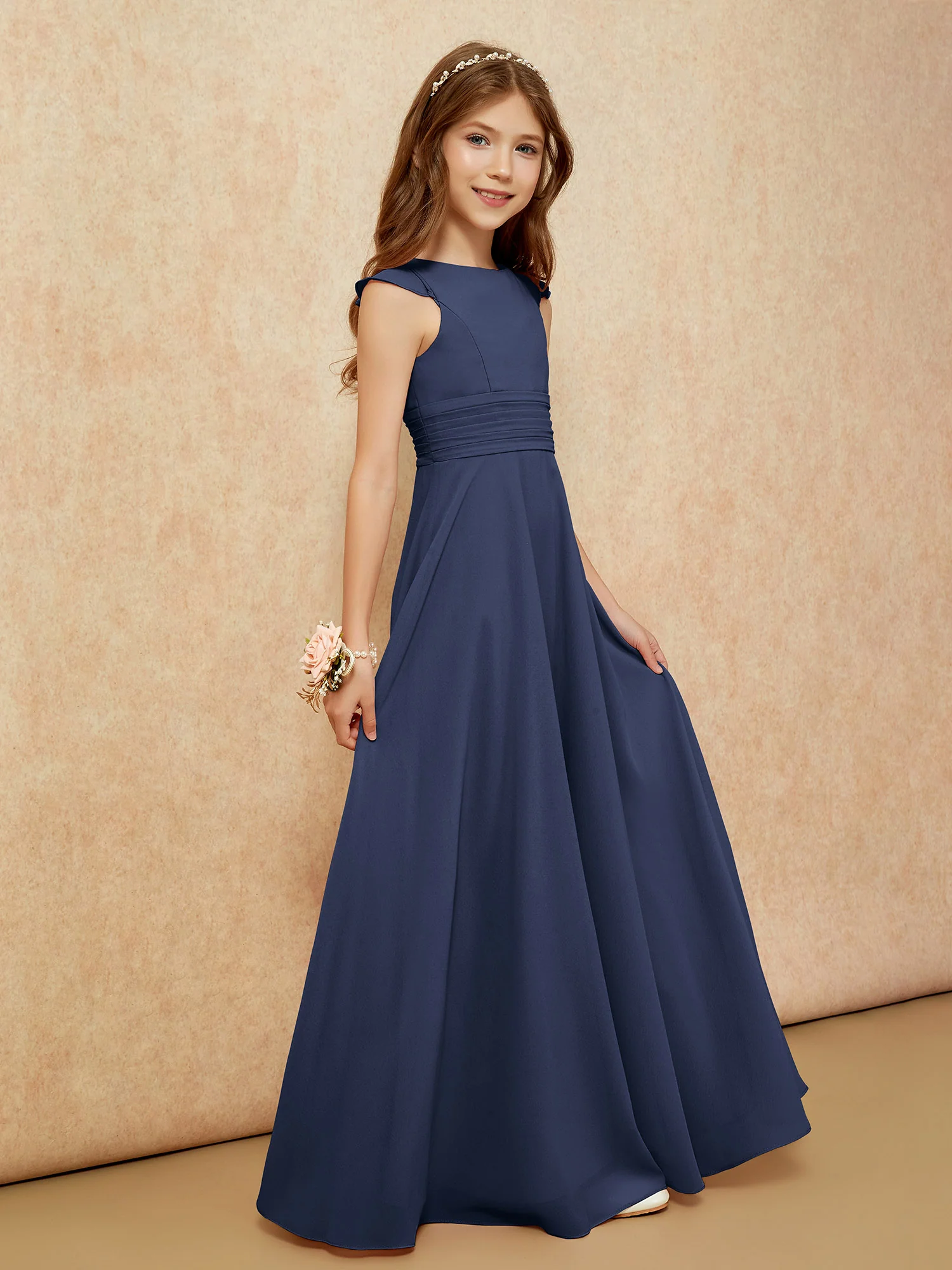 Jewel Neck Flutter Sleeves Chiffon Junior Bridesmaid Dresses Dark Navy - Image 5