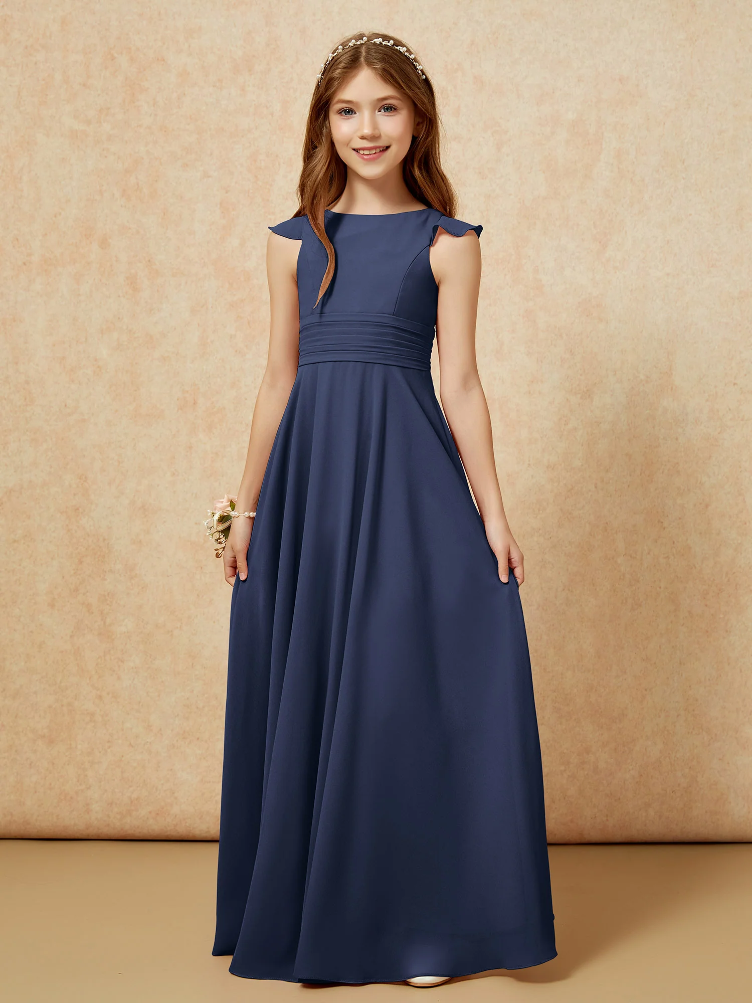 Jewel Neck Flutter Sleeves Chiffon Junior Bridesmaid Dresses Dark Navy - Image 6