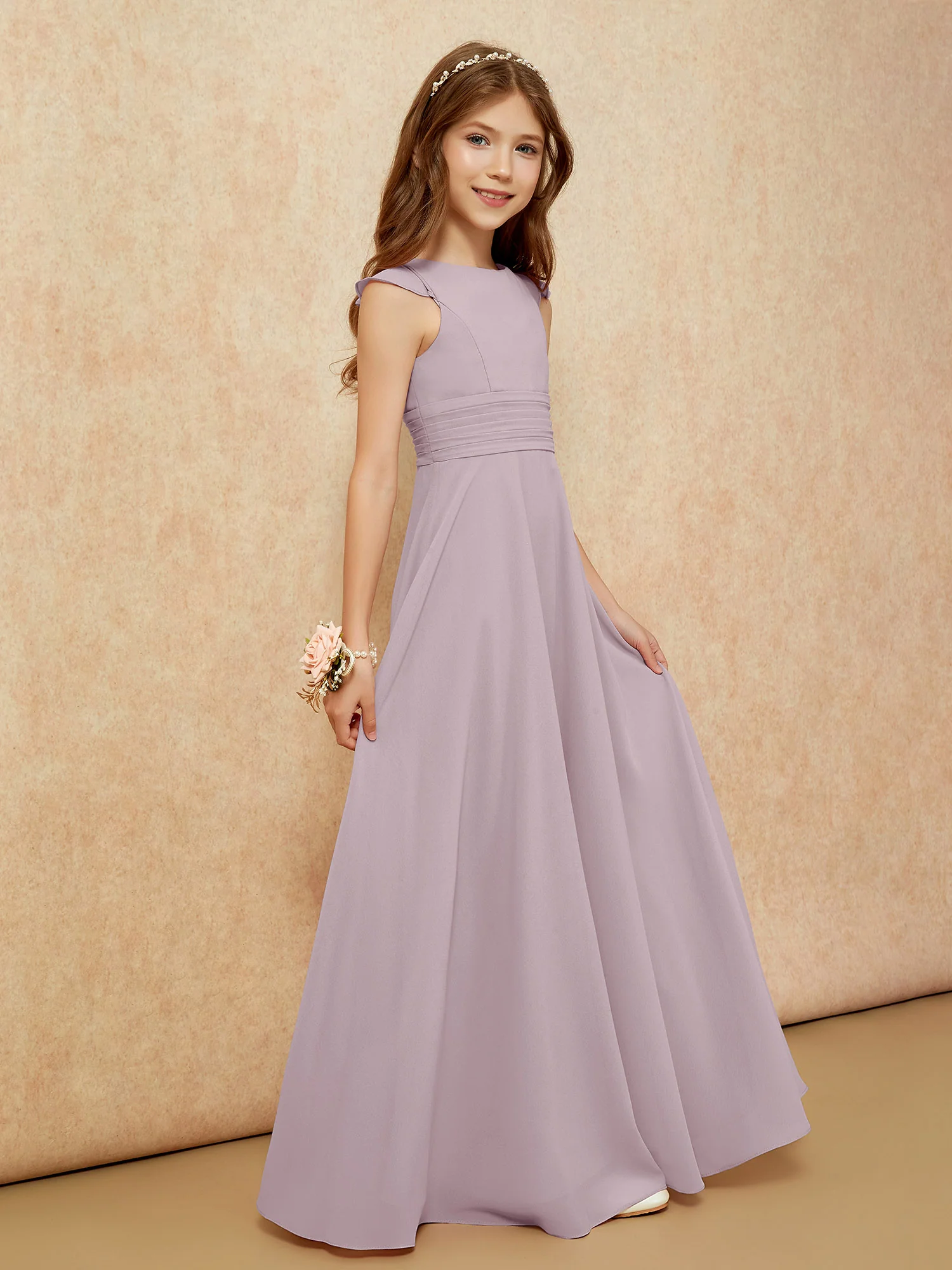 Jewel Neck Flutter Sleeves Chiffon Junior Bridesmaid Dresses Dusk - Image 5