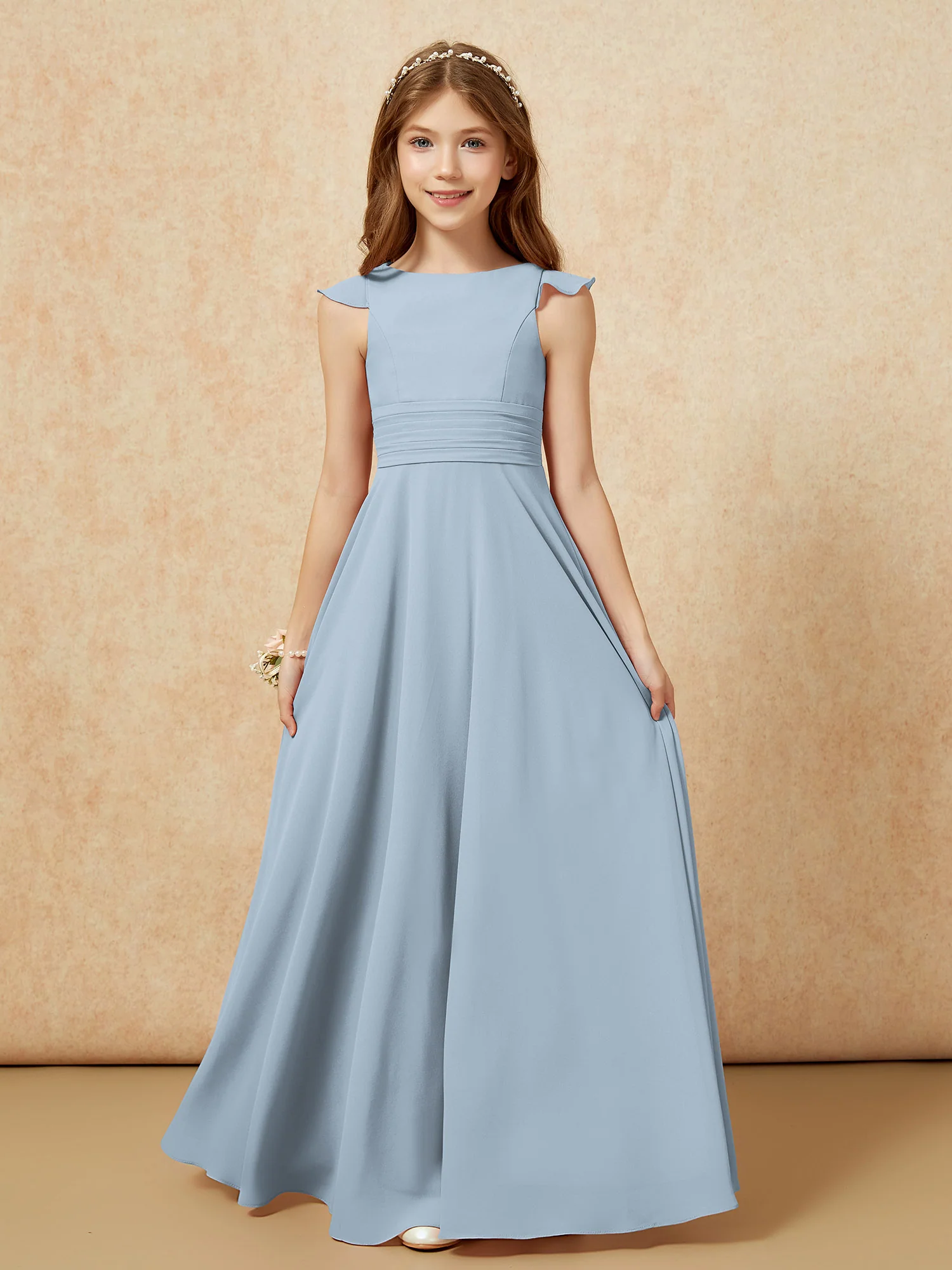 Jewel Neck Flutter Sleeves Chiffon Junior Bridesmaid Dresses Dusty Blue