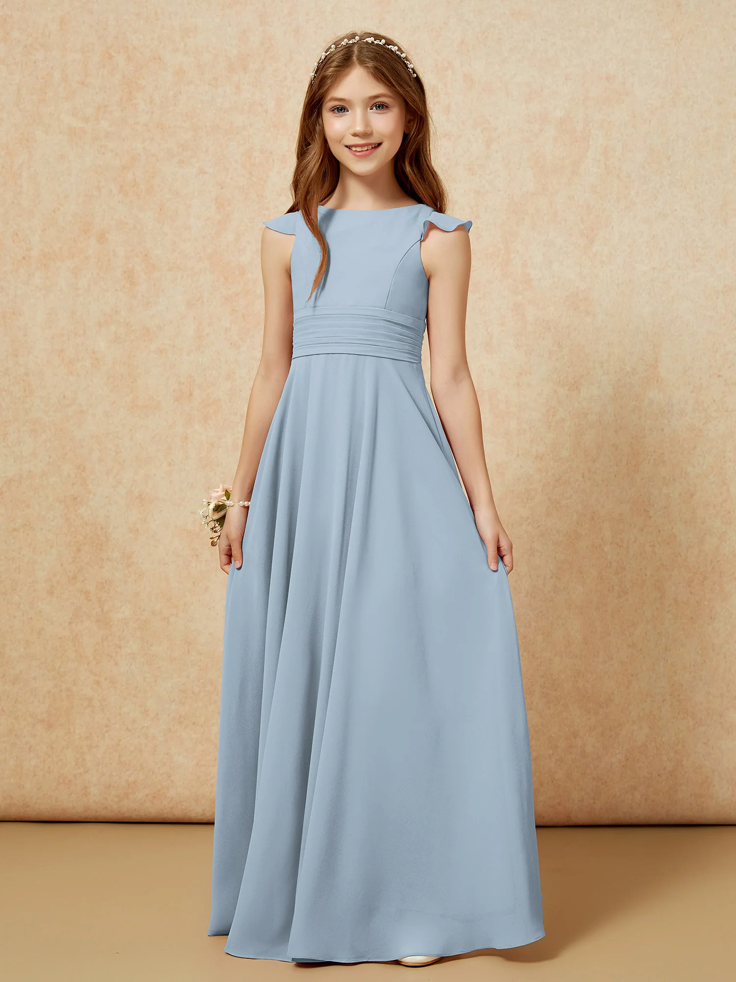 Jewel Neck Flutter Sleeves Chiffon Junior Bridesmaid Dresses Dusty Blue - Image 6