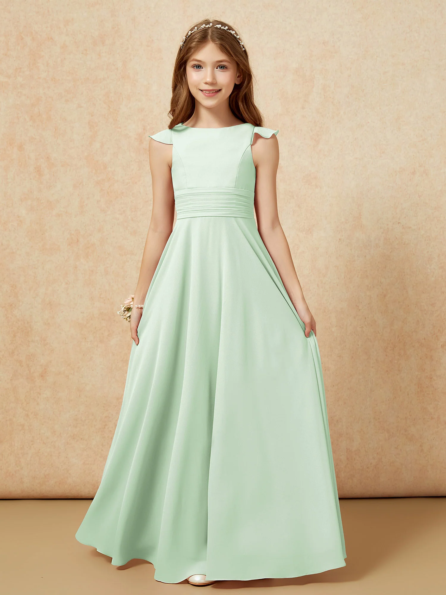 Jewel Neck Flutter Sleeves Chiffon Junior Bridesmaid Dresses Dusty Sage