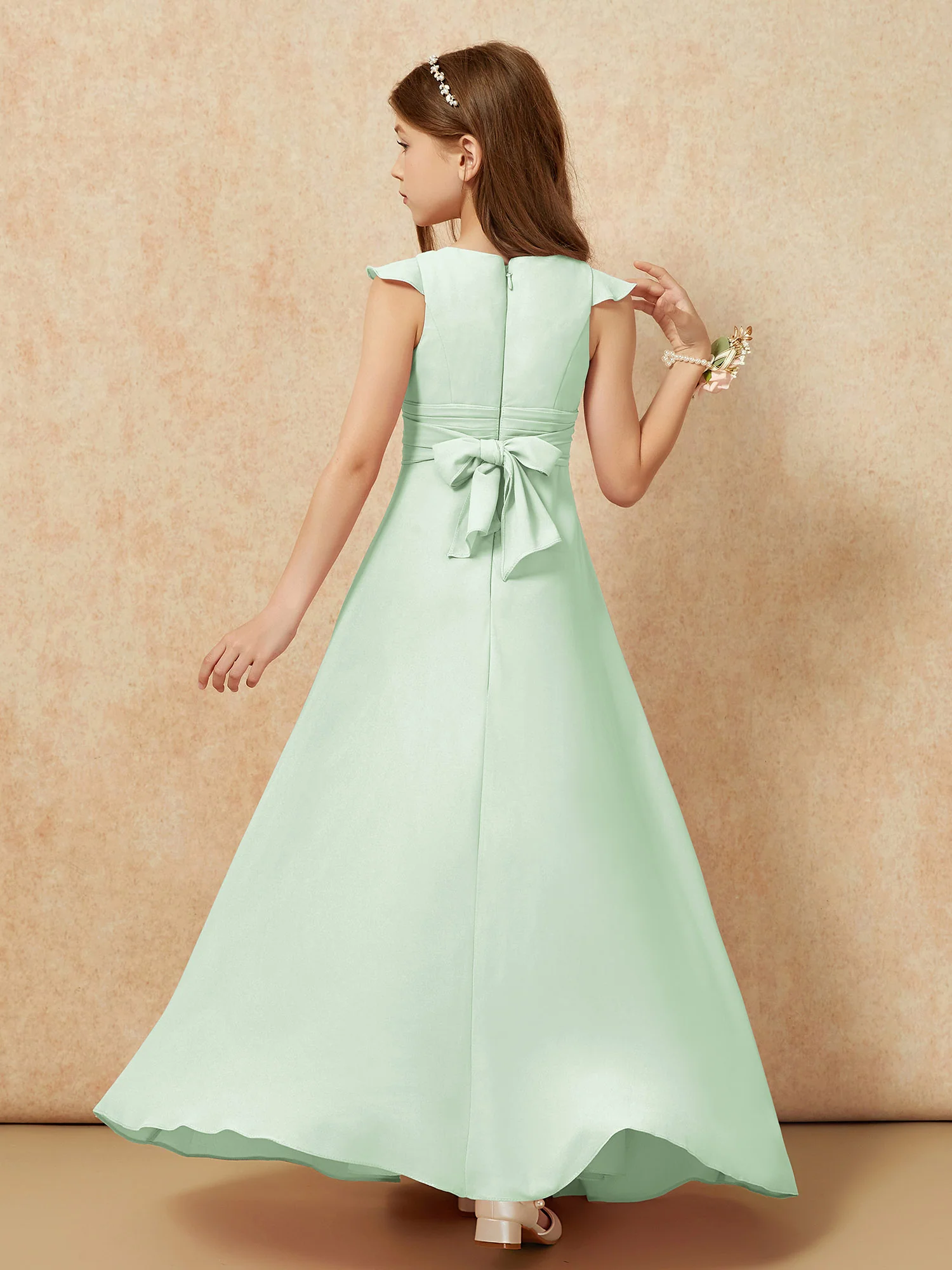 Jewel Neck Flutter Sleeves Chiffon Junior Bridesmaid Dresses Dusty Sage - Image 2