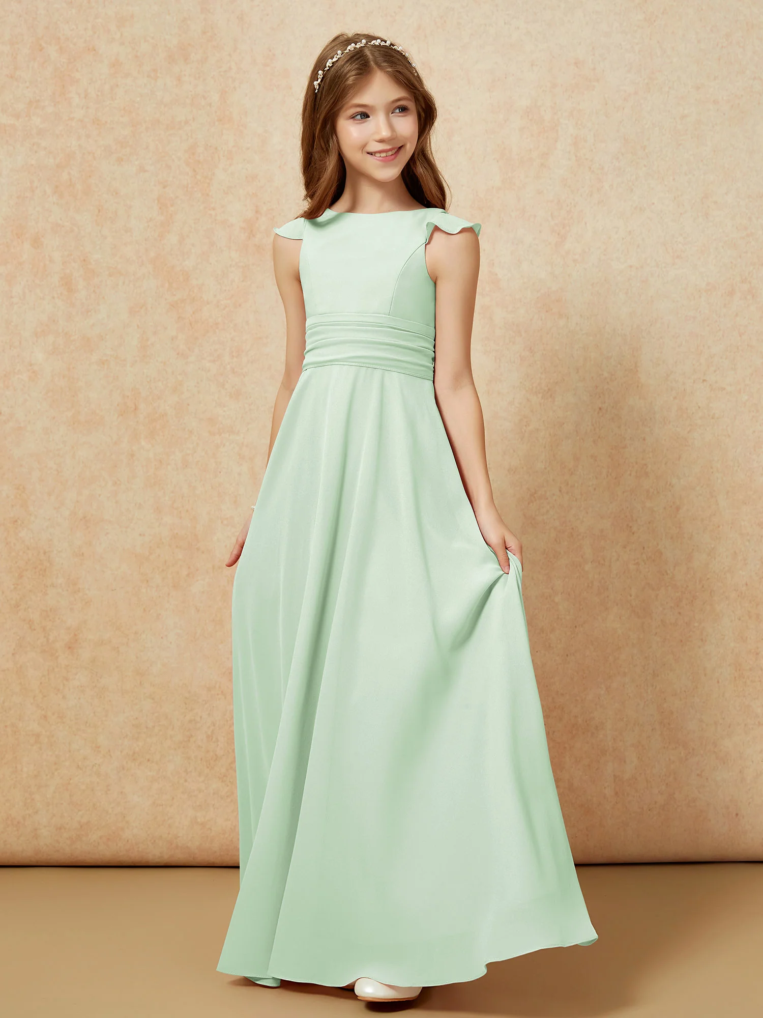 Jewel Neck Flutter Sleeves Chiffon Junior Bridesmaid Dresses Dusty Sage - Image 3