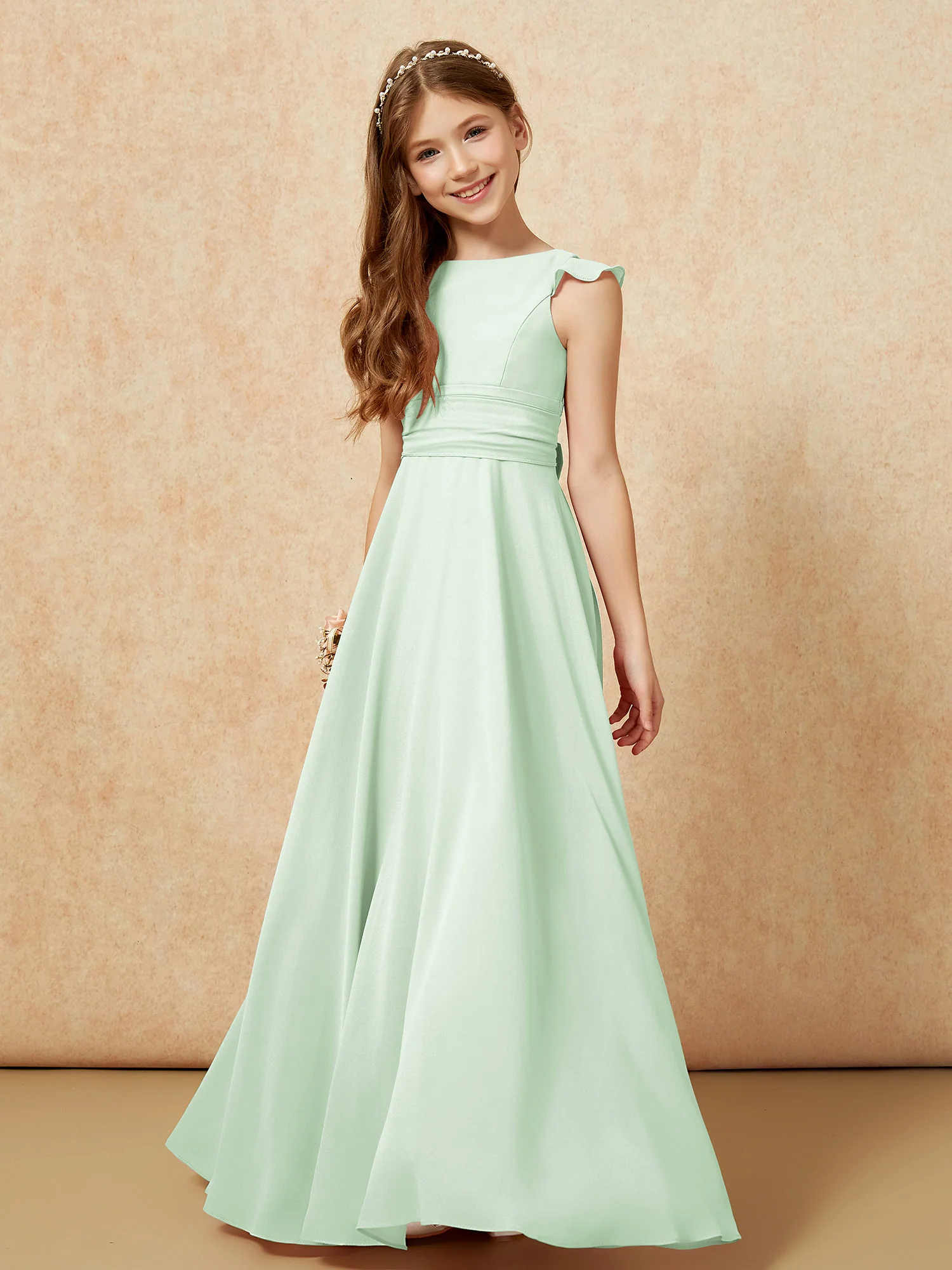 Jewel Neck Flutter Sleeves Chiffon Junior Bridesmaid Dresses Dusty Sage - Image 4