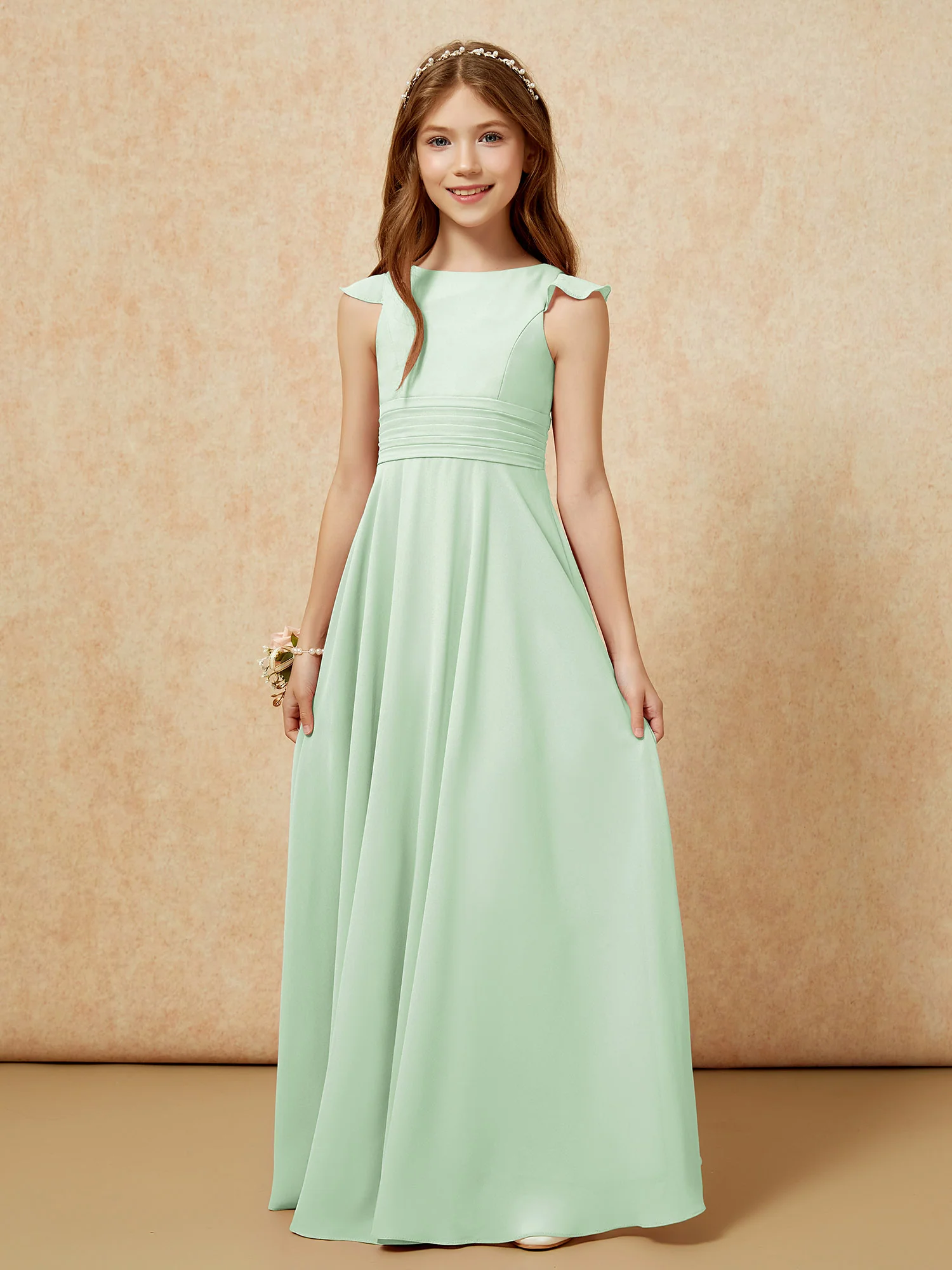 Jewel Neck Flutter Sleeves Chiffon Junior Bridesmaid Dresses Dusty Sage - Image 6