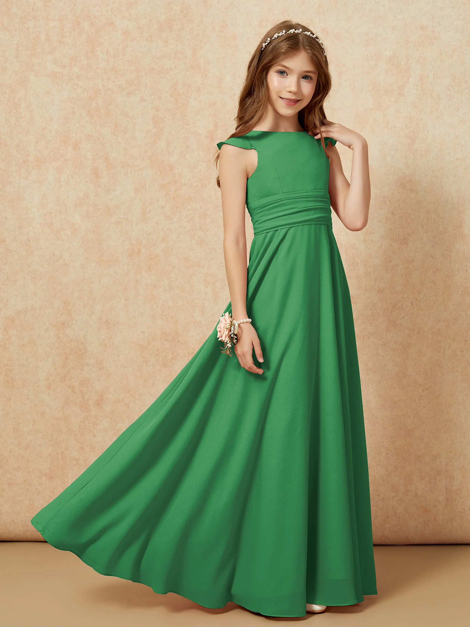 Jewel Neck Flutter Sleeves Chiffon Junior Bridesmaid Dresses Emerald - Image 7