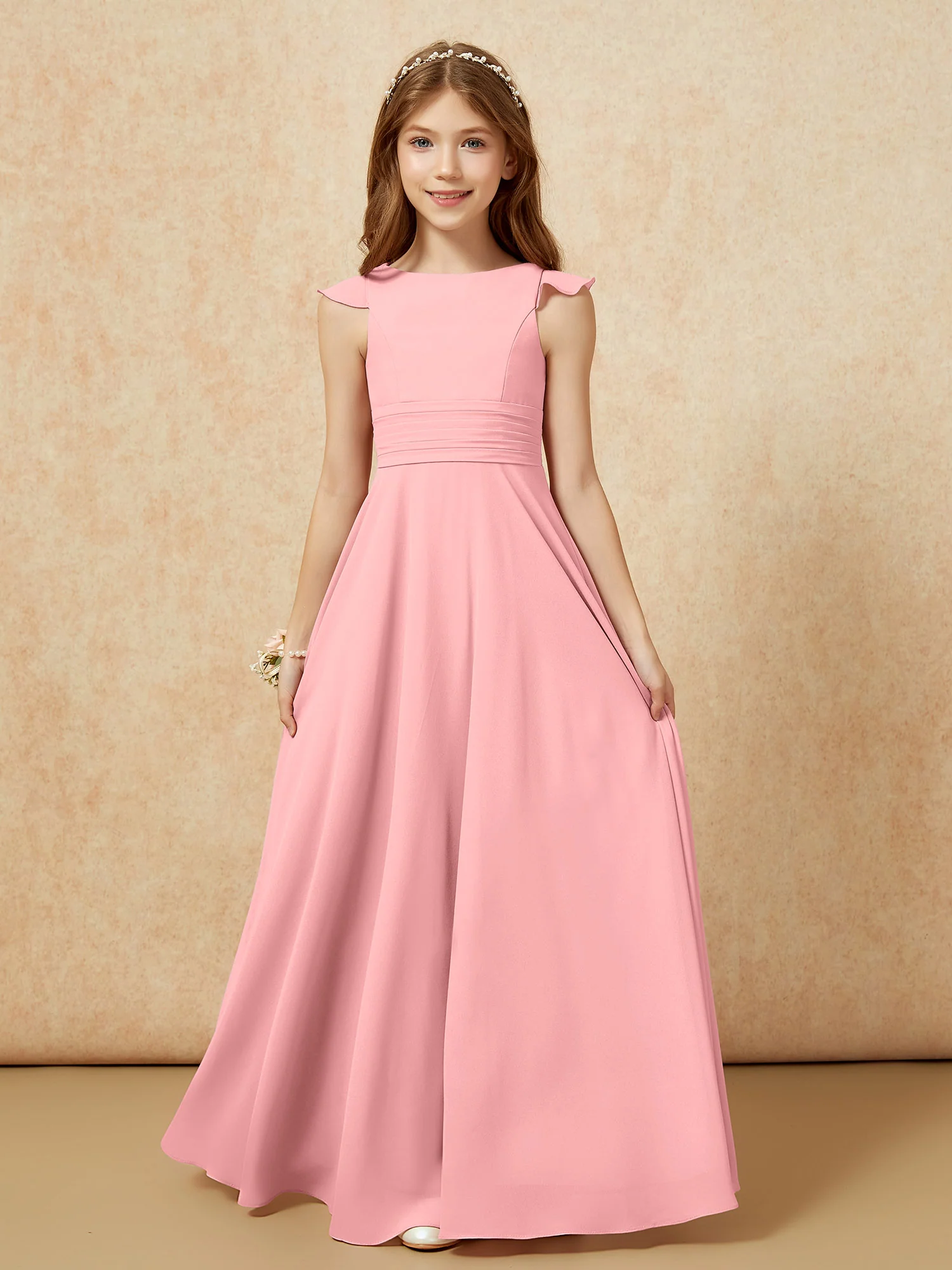 Jewel Neck Flutter Sleeves Chiffon Junior Bridesmaid Dresses Flamingo
