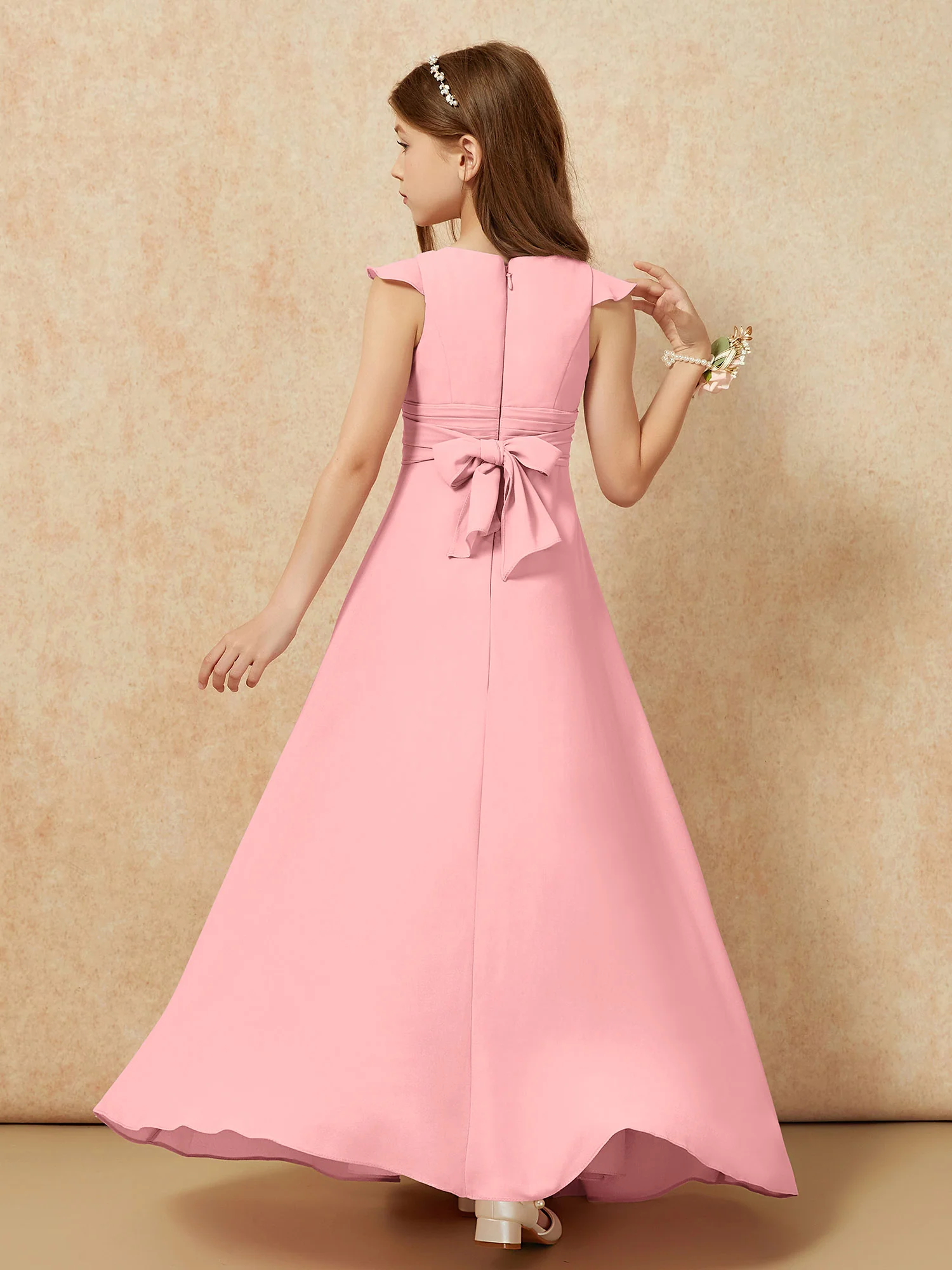 Jewel Neck Flutter Sleeves Chiffon Junior Bridesmaid Dresses Flamingo - Image 2